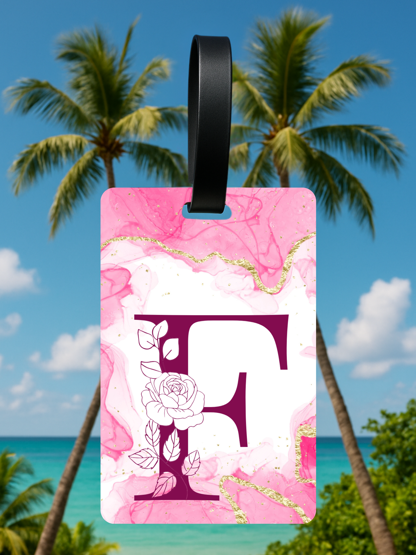 Pink Marble Monogram Luggage Tag – Custom Floral Initial Travel Tag
