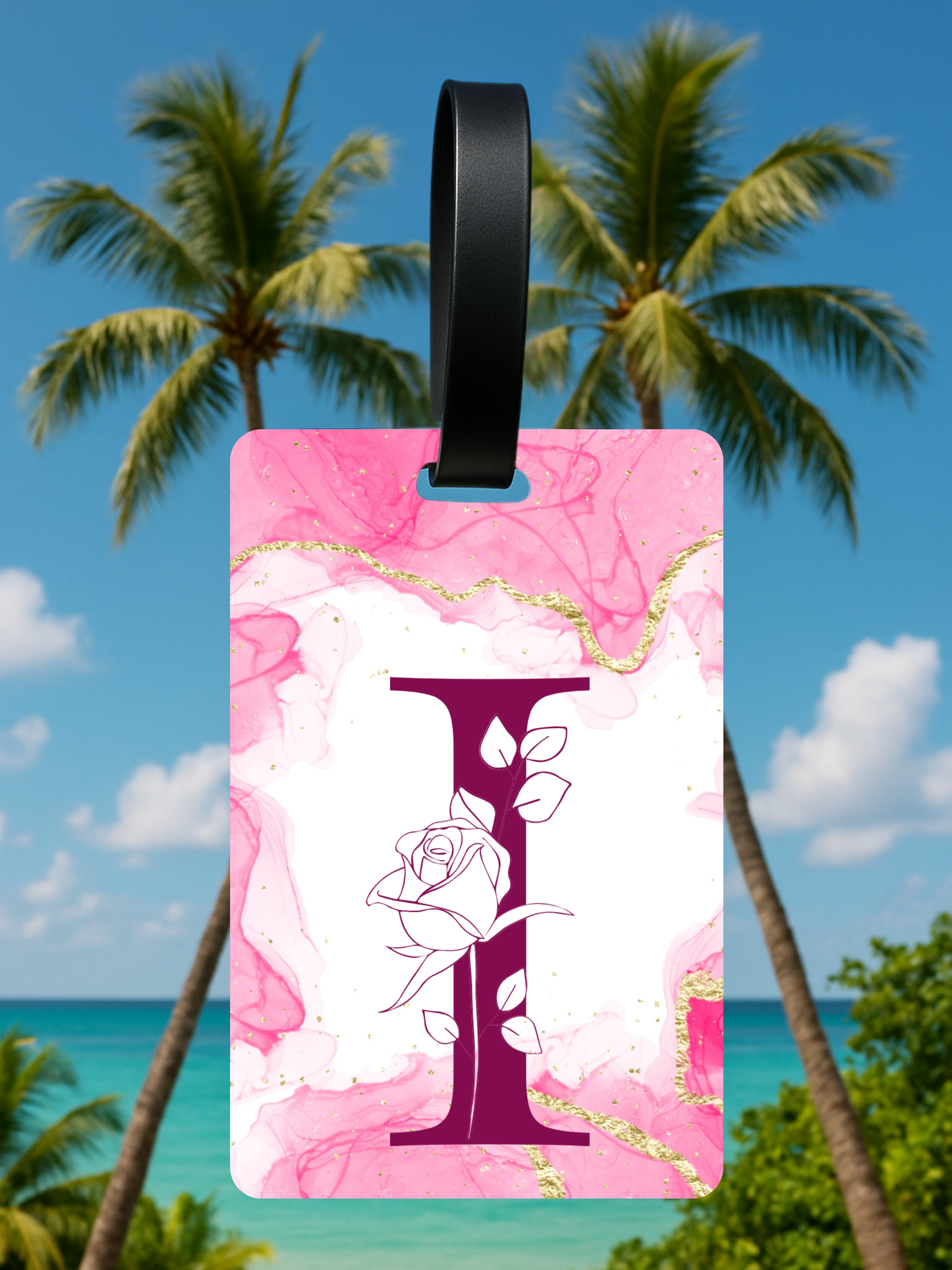 Pink Marble Monogram Luggage Tag – Custom Floral Initial Travel Tag