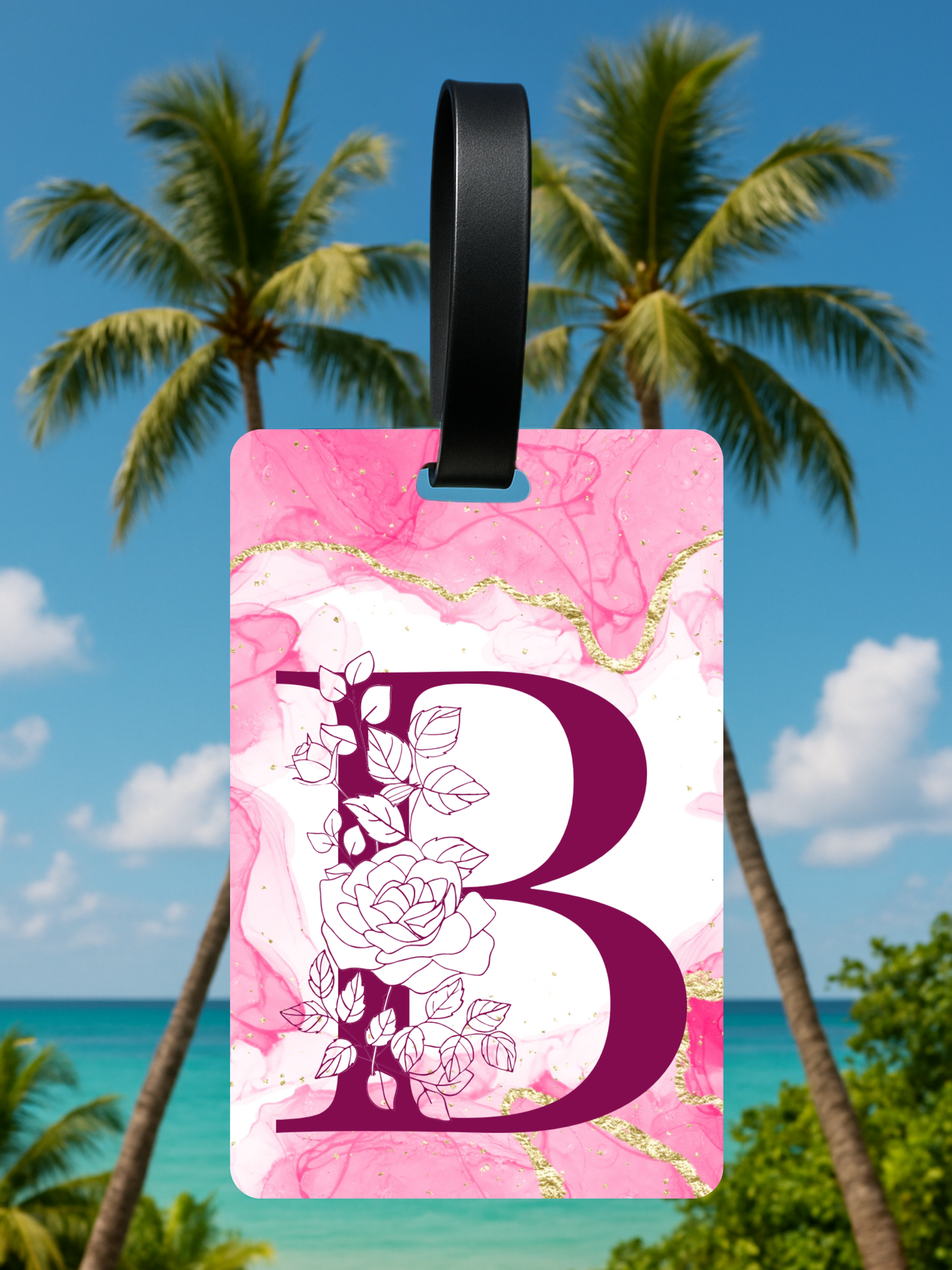 Pink Marble Monogram Luggage Tag – Custom Floral Initial Travel Tag