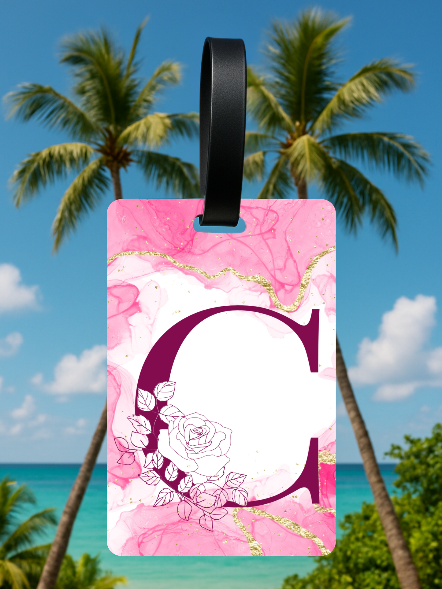 Pink Marble Monogram Luggage Tag – Custom Floral Initial Travel Tag