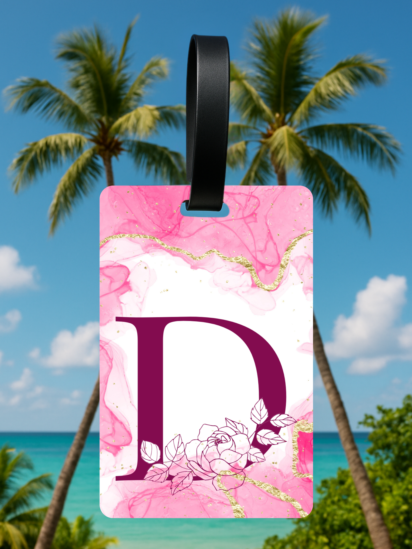 Pink Marble Monogram Luggage Tag – Custom Floral Initial Travel Tag