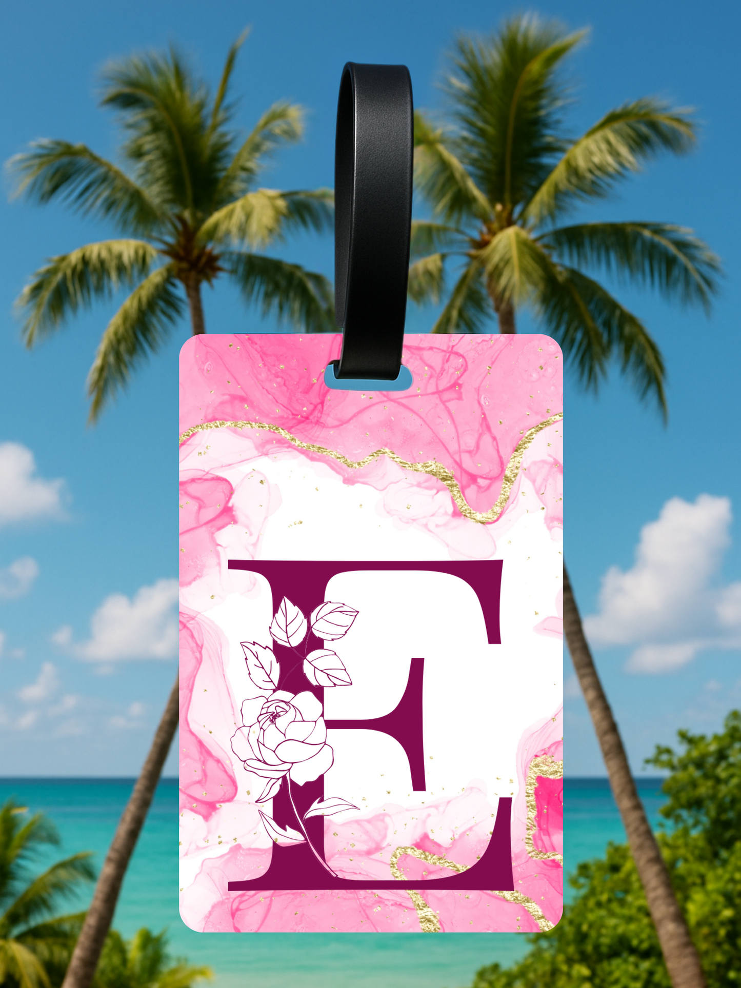Pink Marble Monogram Luggage Tag – Custom Floral Initial Travel Tag