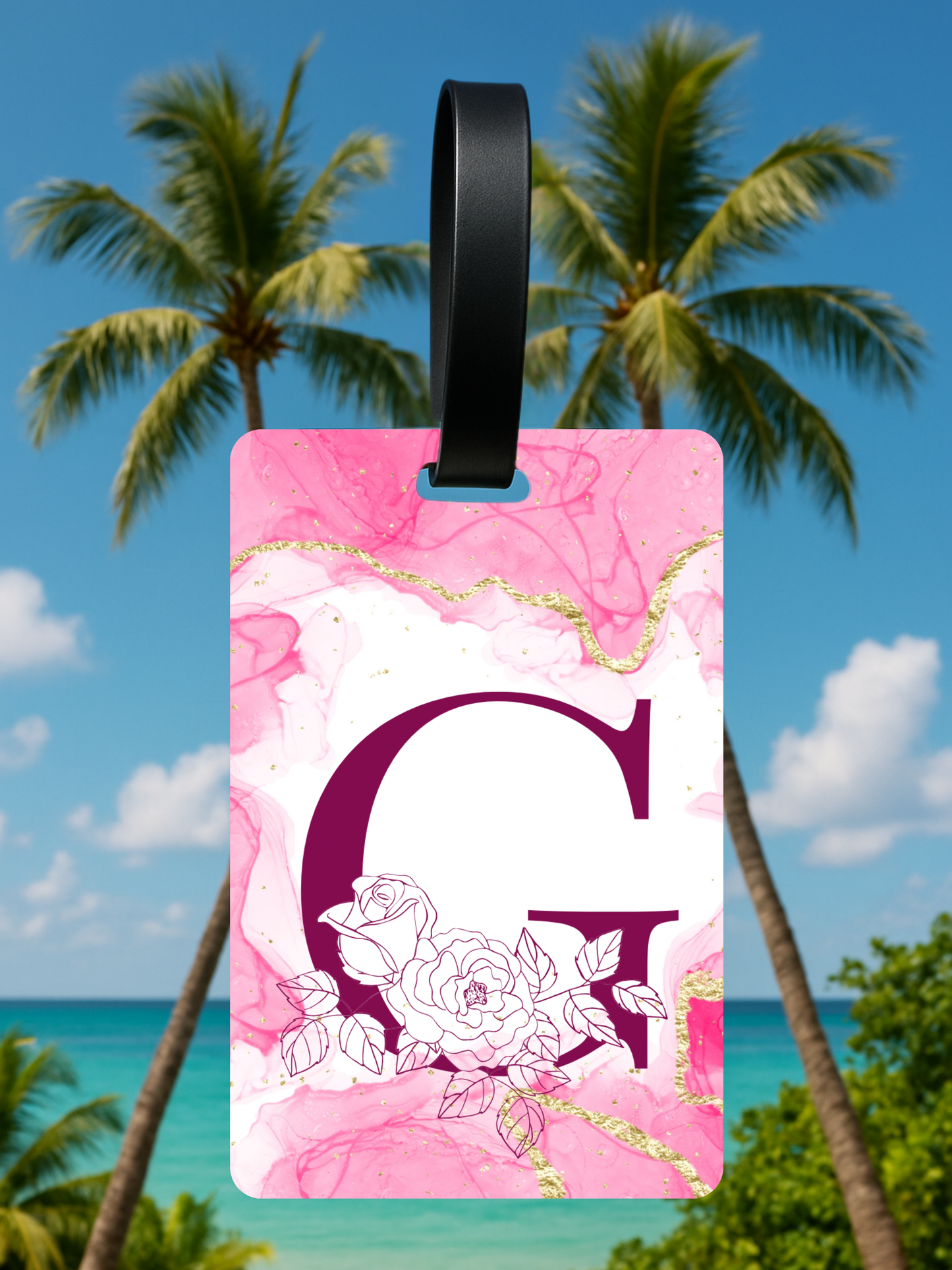 Pink Marble Monogram Luggage Tag – Custom Floral Initial Travel Tag