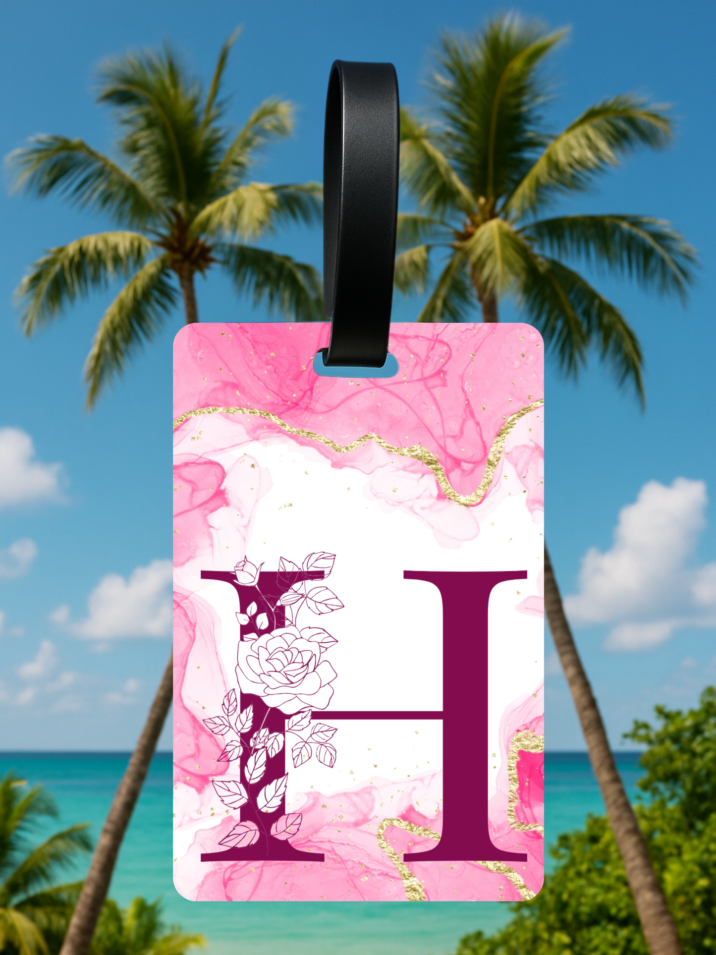 Pink Marble Monogram Luggage Tag – Custom Floral Initial Travel Tag