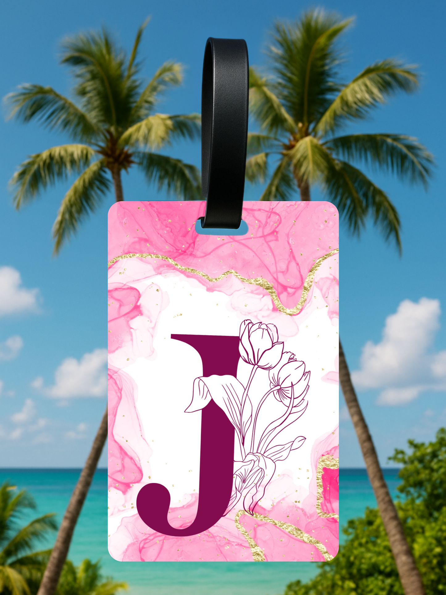 Pink Marble Monogram Luggage Tag – Custom Floral Initial Travel Tag