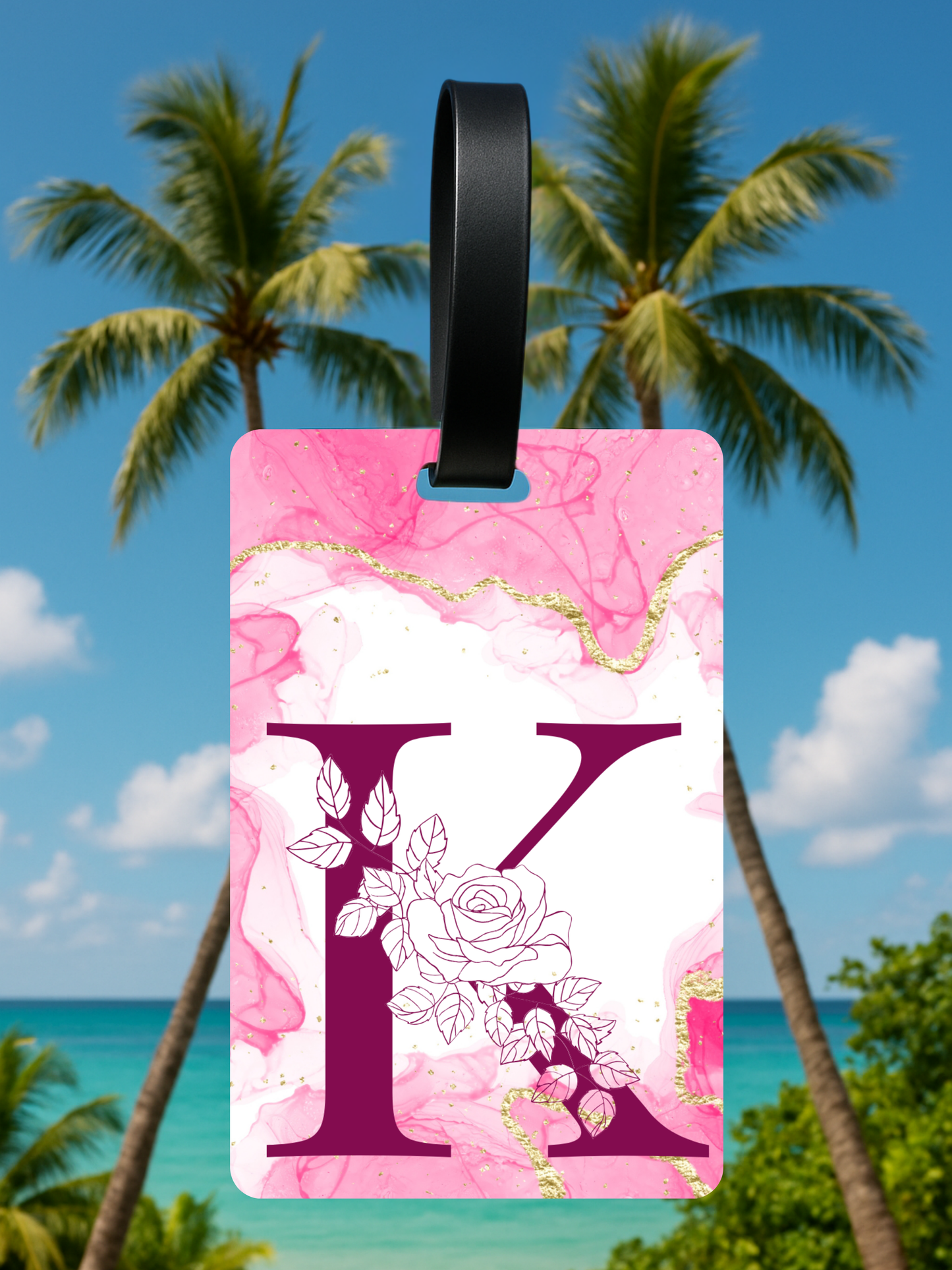 Pink Marble Monogram Luggage Tag – Custom Floral Initial Travel Tag