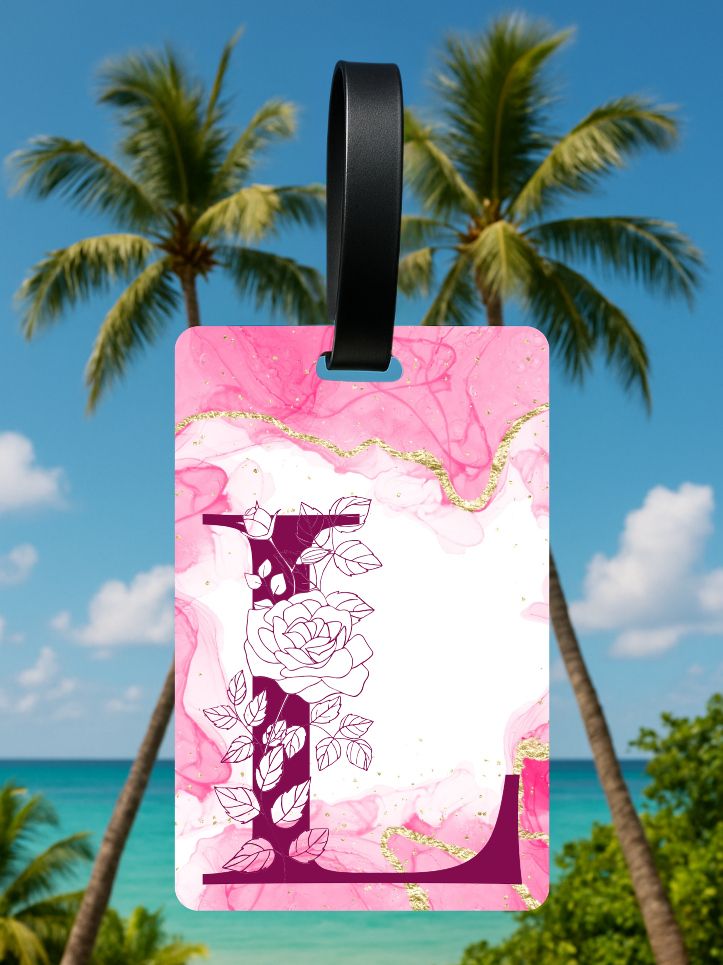Pink Marble Monogram Luggage Tag – Custom Floral Initial Travel Tag