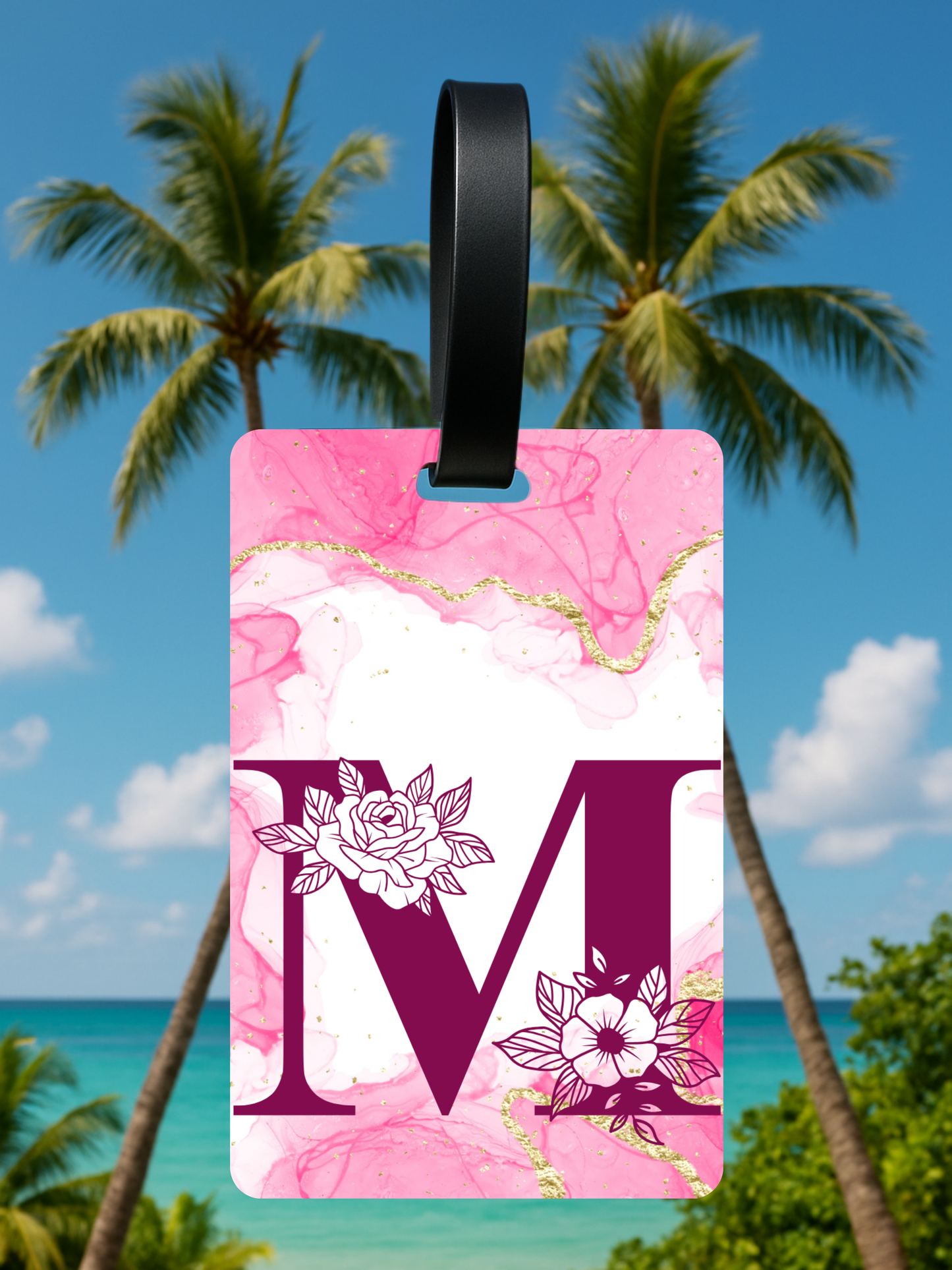 Pink Marble Monogram Luggage Tag – Custom Floral Initial Travel Tag