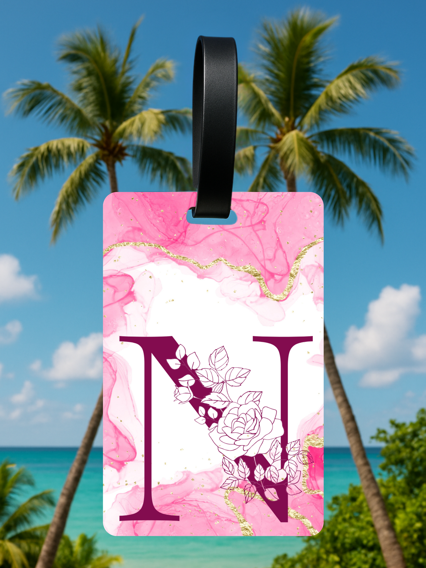 Pink Marble Monogram Luggage Tag – Custom Floral Initial Travel Tag