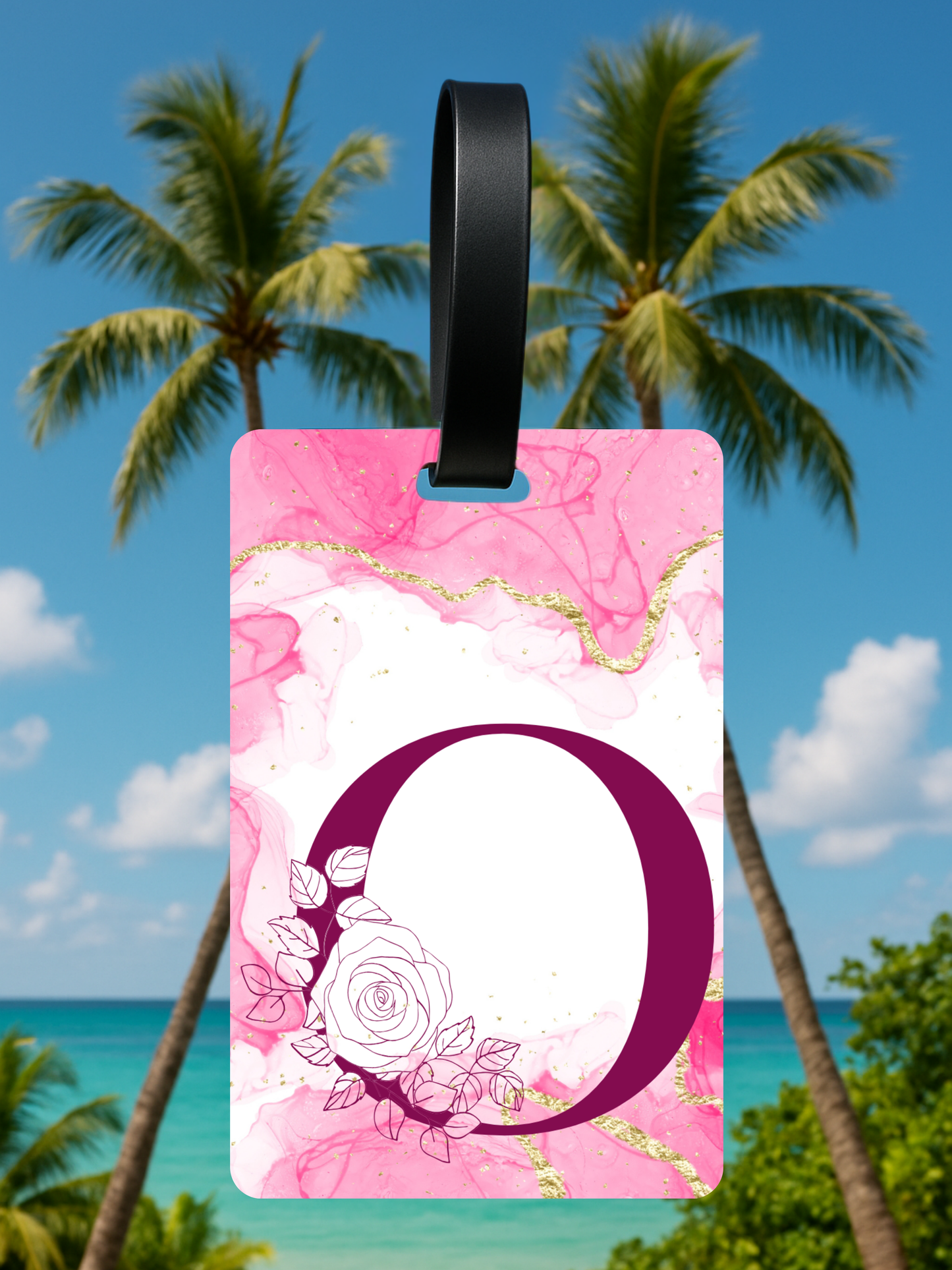 Pink Marble Monogram Luggage Tag – Custom Floral Initial Travel Tag