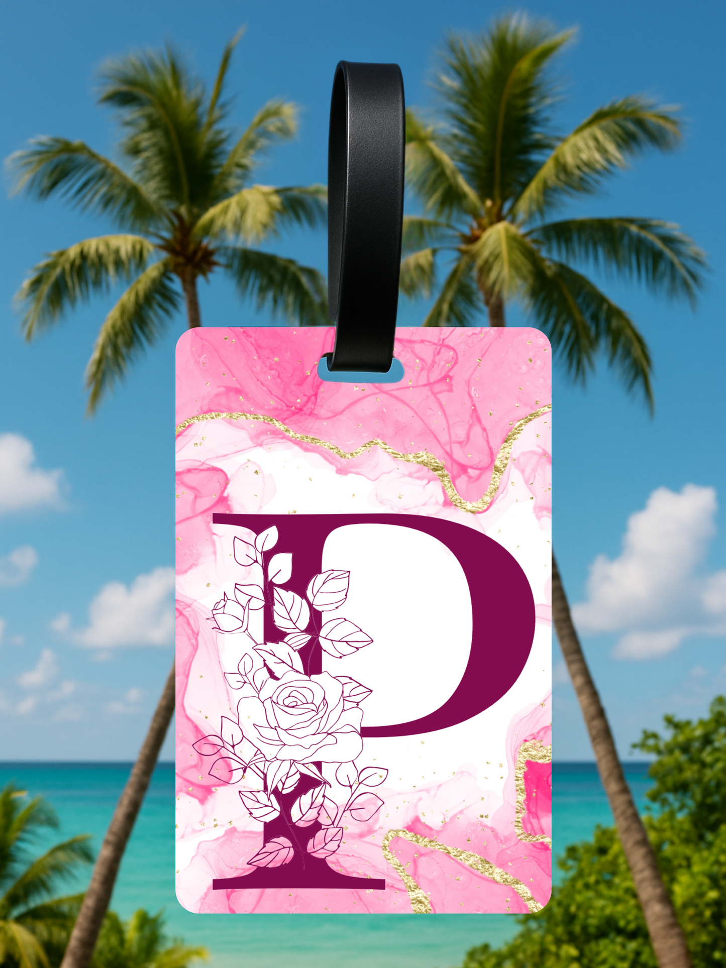 Pink Marble Monogram Luggage Tag – Custom Floral Initial Travel Tag