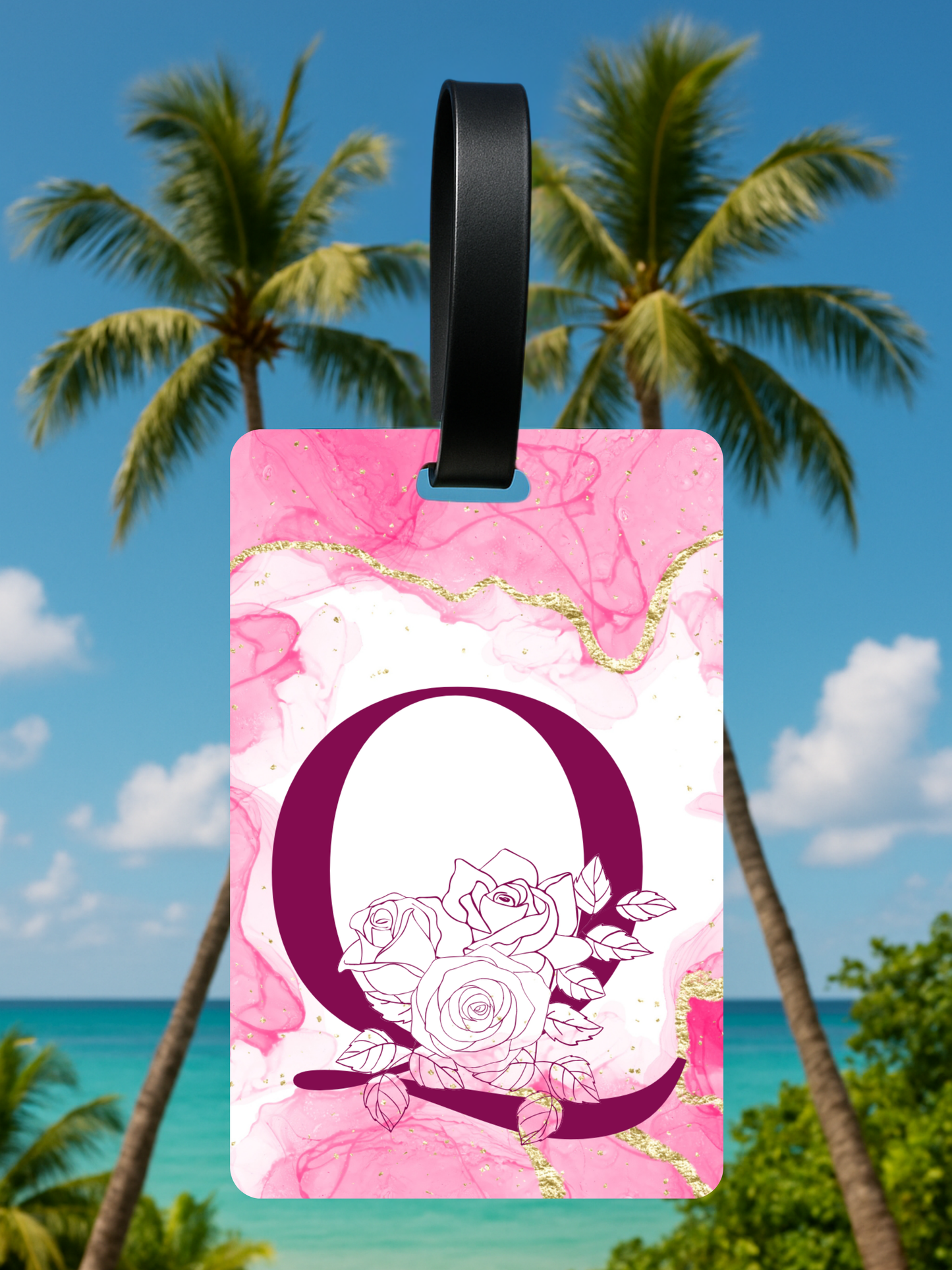 Pink Marble Monogram Luggage Tag – Custom Floral Initial Travel Tag