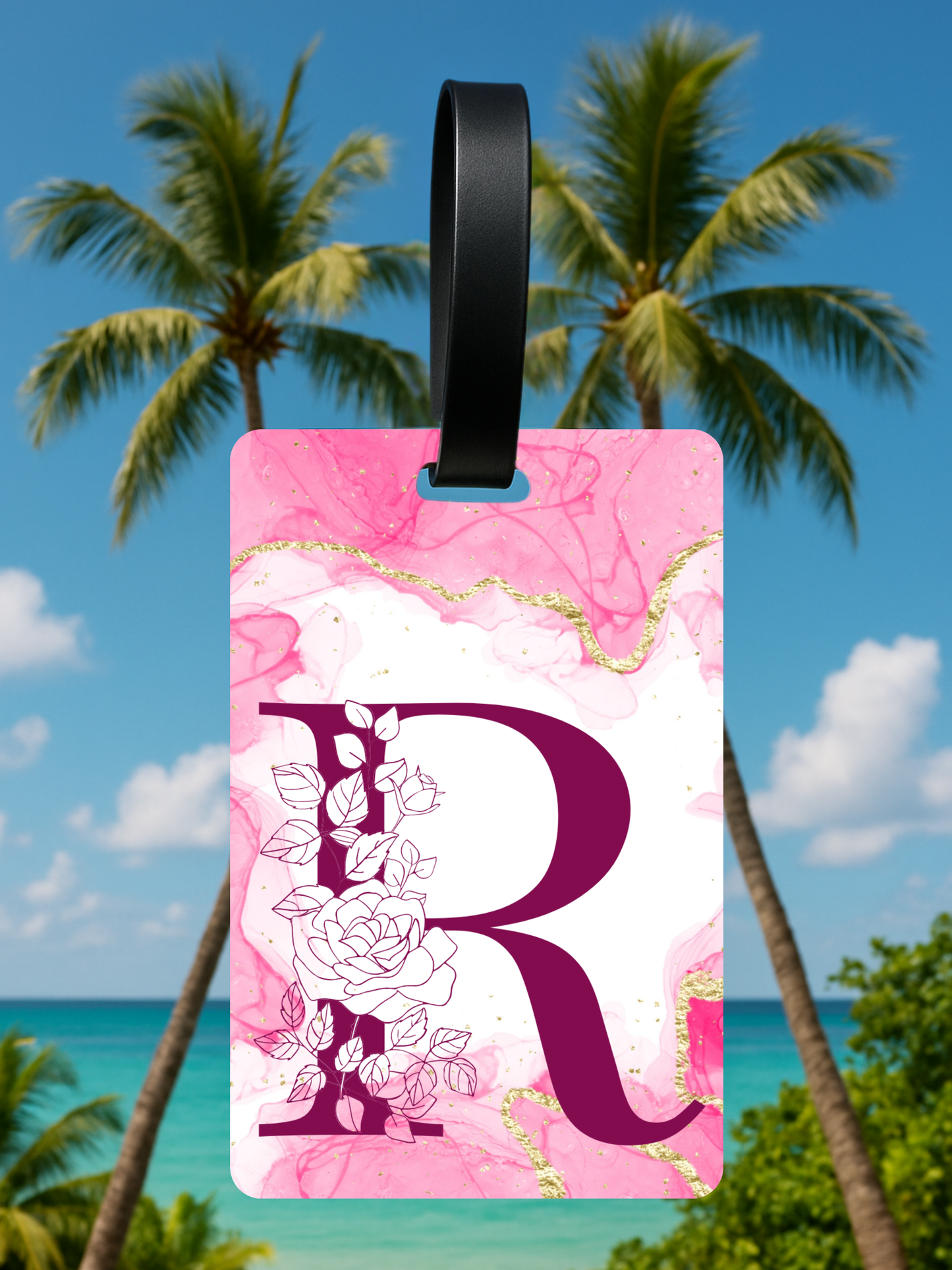 Pink Marble Monogram Luggage Tag – Custom Floral Initial Travel Tag