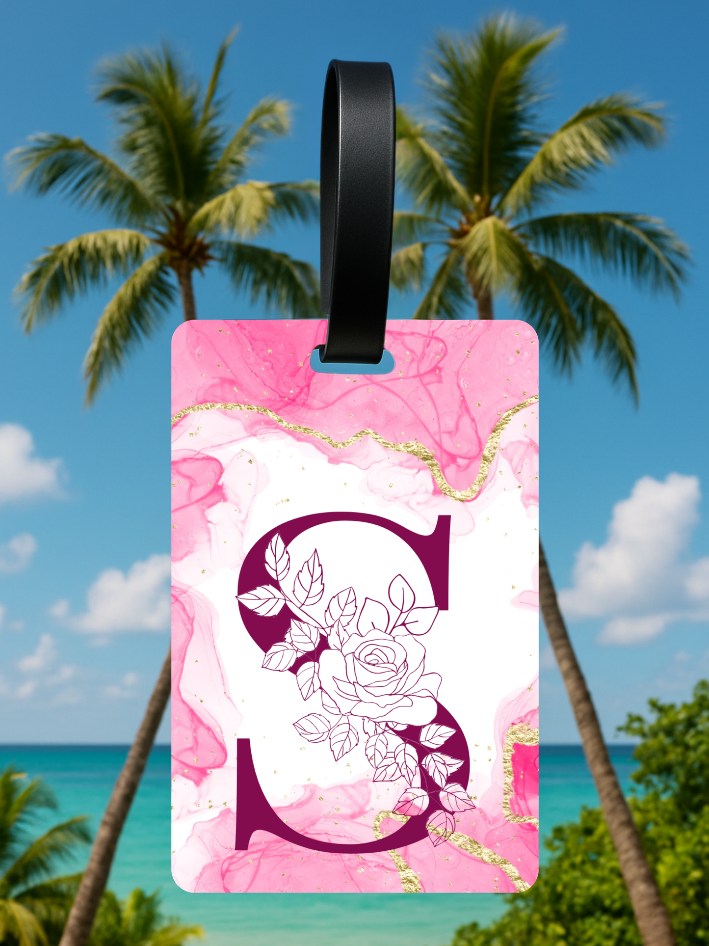 Pink Marble Monogram Luggage Tag – Custom Floral Initial Travel Tag