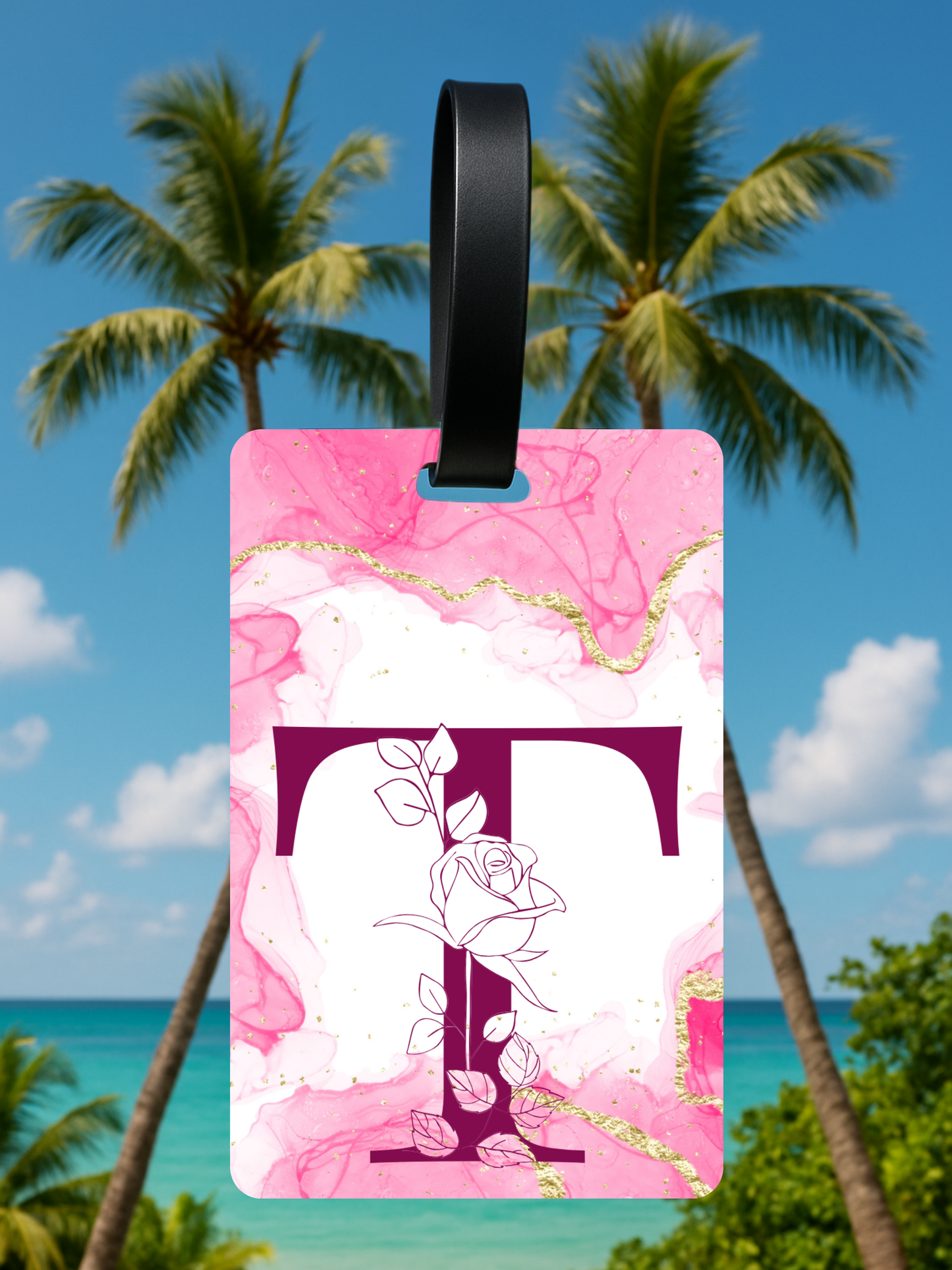 Pink Marble Monogram Luggage Tag – Custom Floral Initial Travel Tag