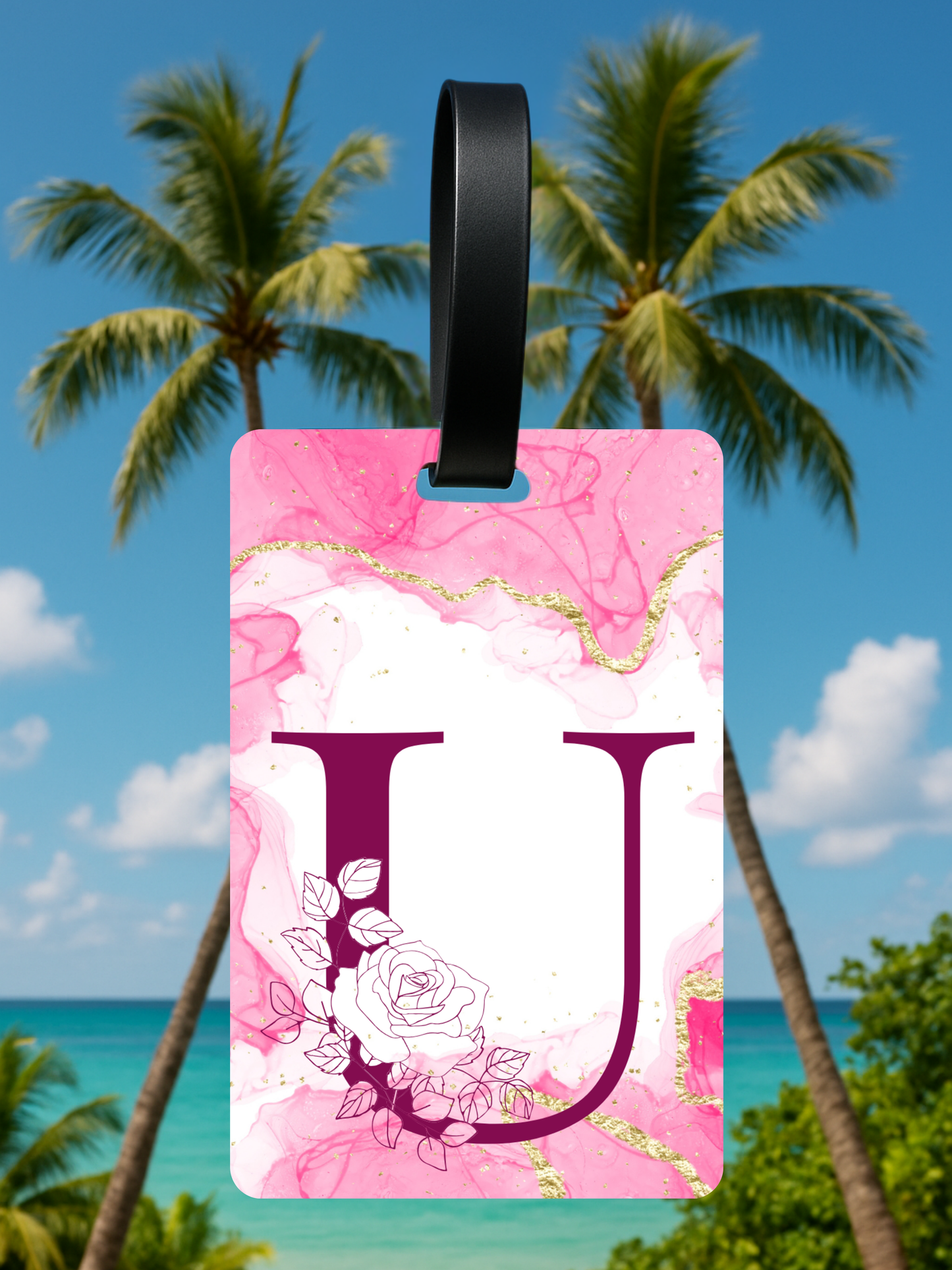Pink Marble Monogram Luggage Tag – Custom Floral Initial Travel Tag