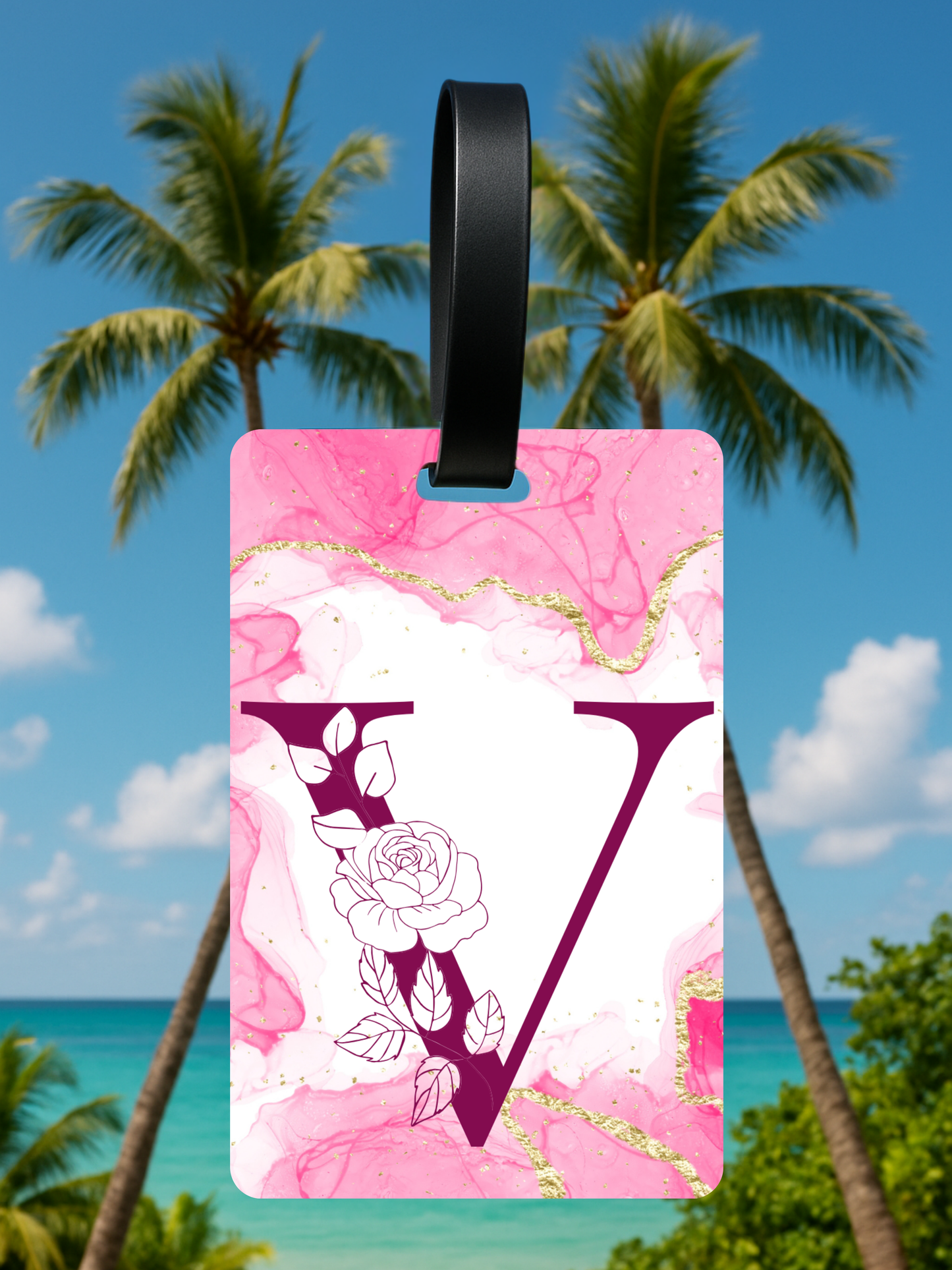 Pink Marble Monogram Luggage Tag – Custom Floral Initial Travel Tag