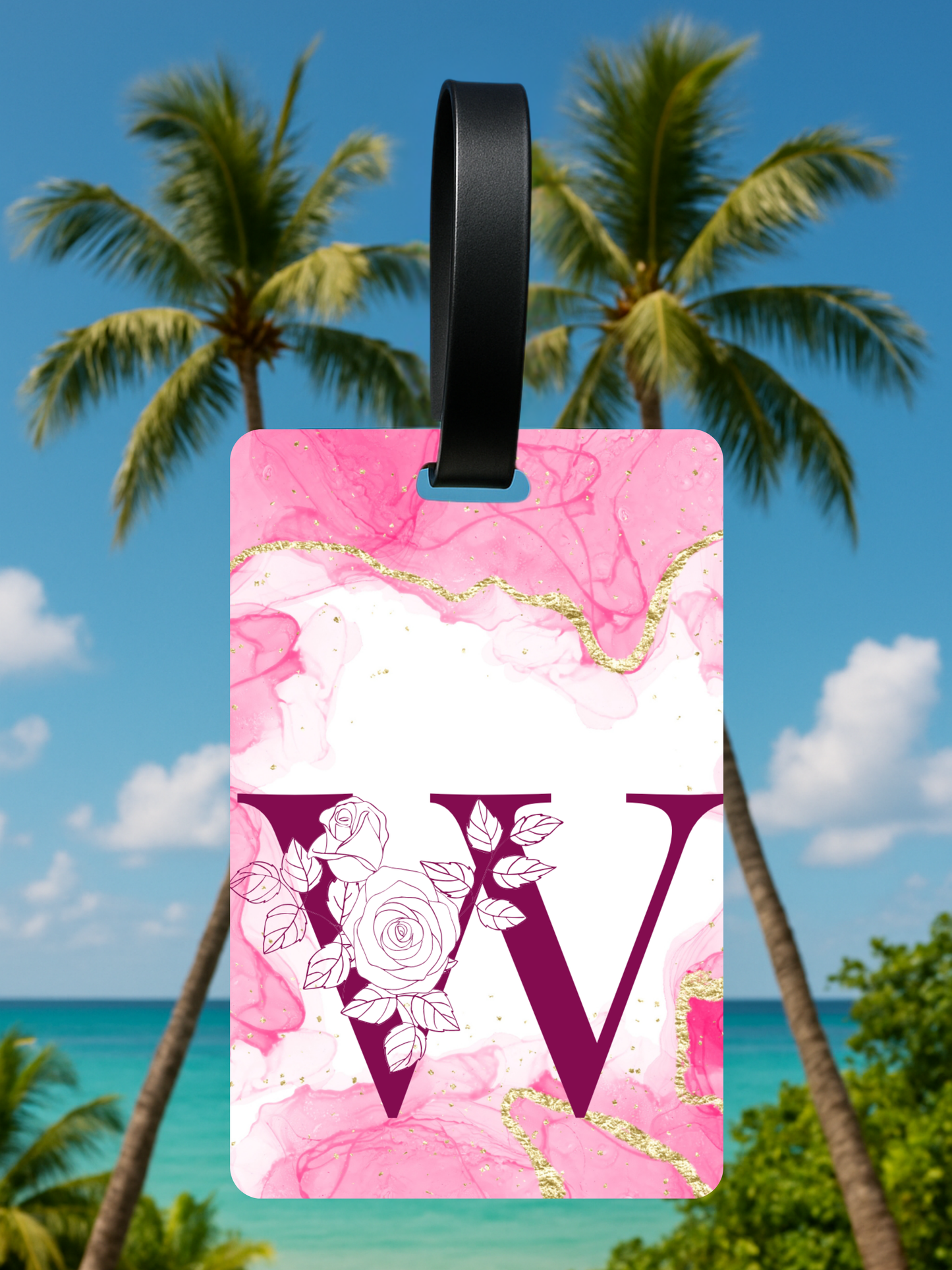 Pink Marble Monogram Luggage Tag – Custom Floral Initial Travel Tag