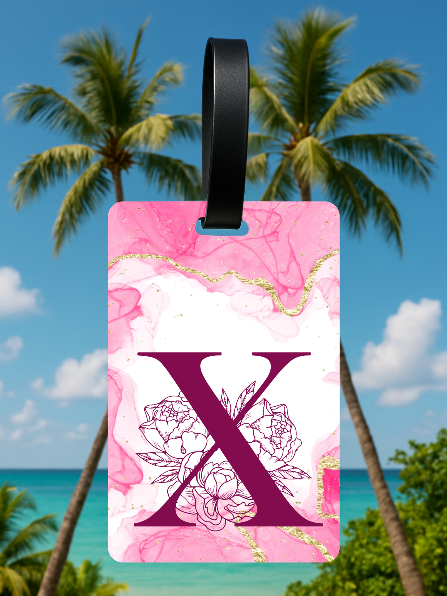 Pink Marble Monogram Luggage Tag – Custom Floral Initial Travel Tag