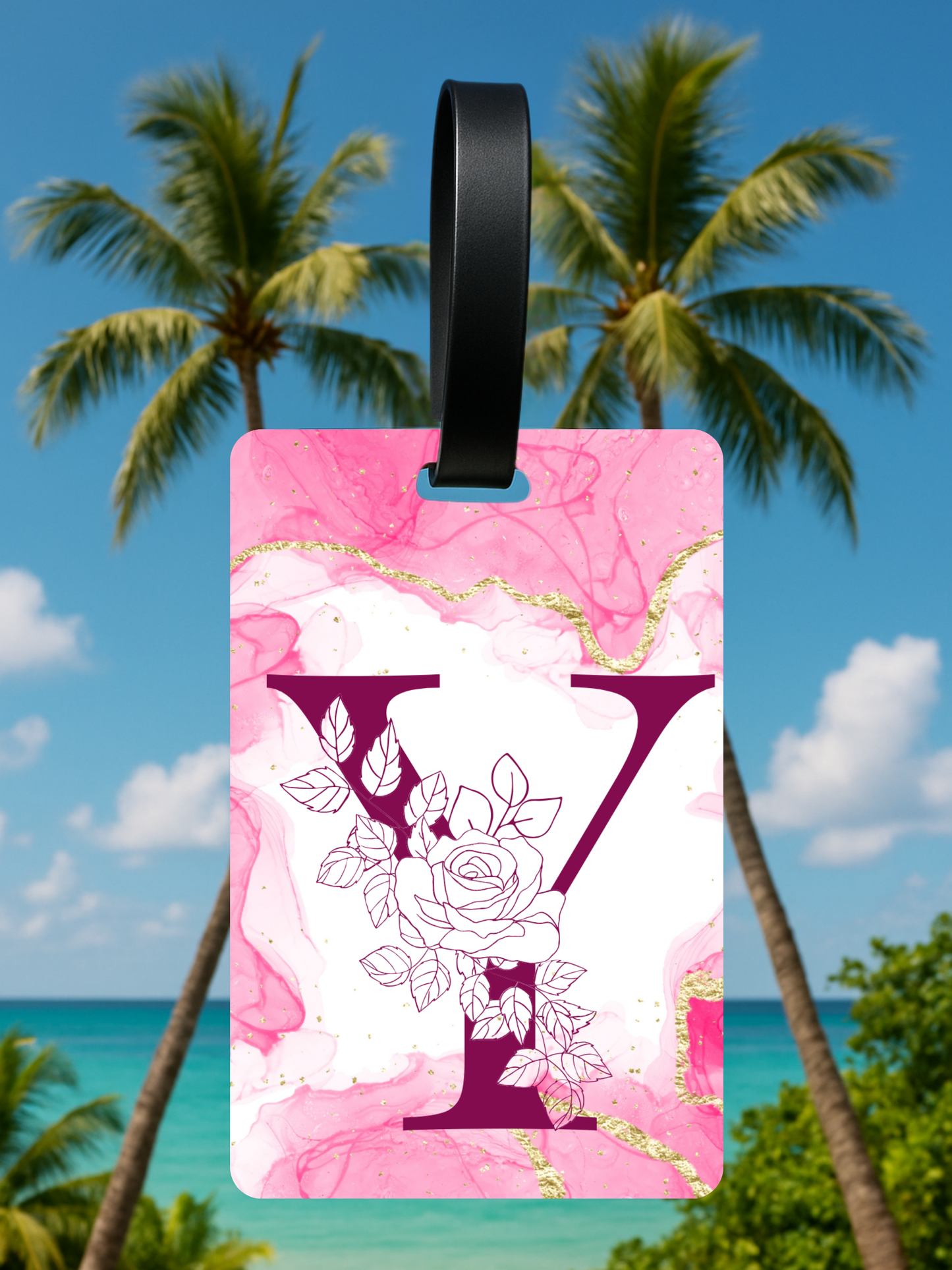 Pink Marble Monogram Luggage Tag – Custom Floral Initial Travel Tag