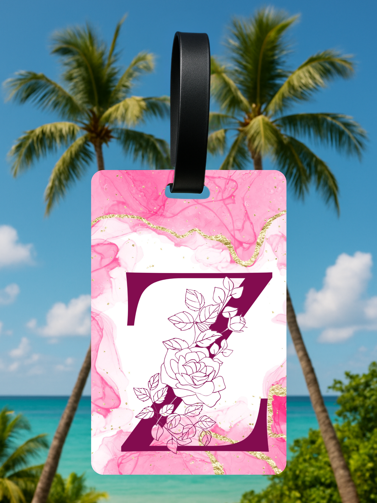 Pink Marble Monogram Luggage Tag – Custom Floral Initial Travel Tag
