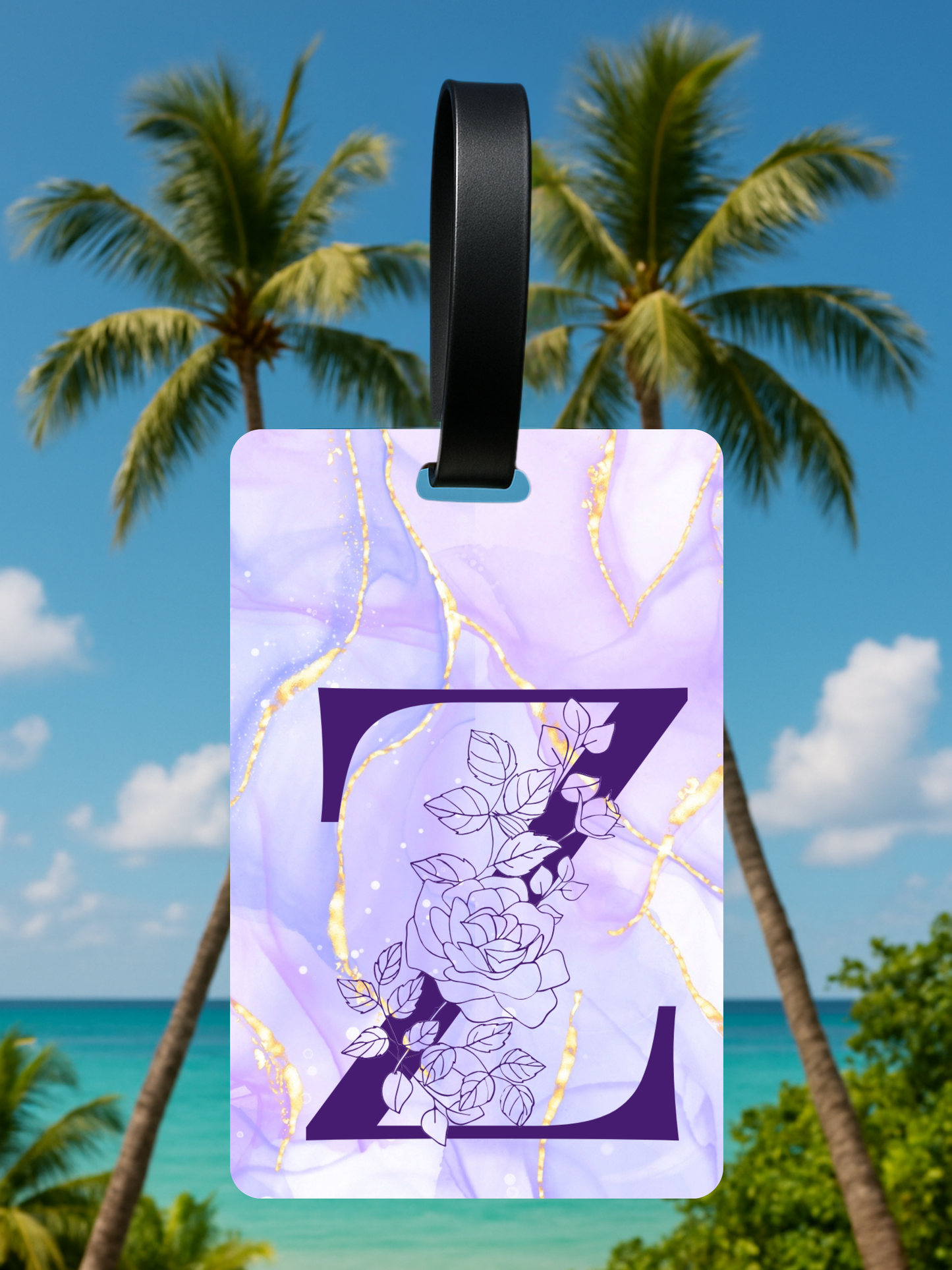Purple Marble Monogram Luggage Tag – Custom Floral Initial Travel Tag