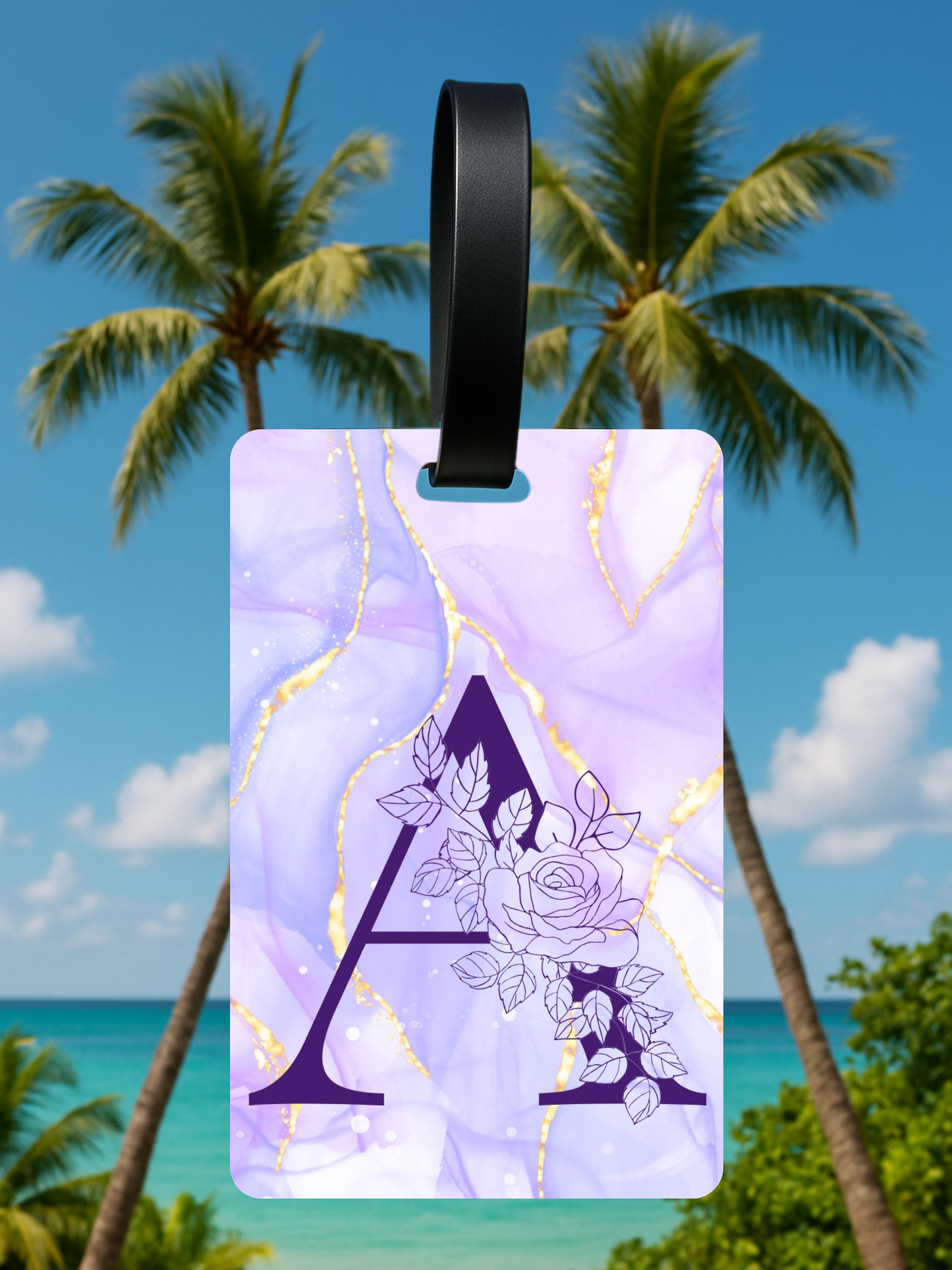 Purple Marble Monogram Luggage Tag – Custom Floral Initial Travel Tag