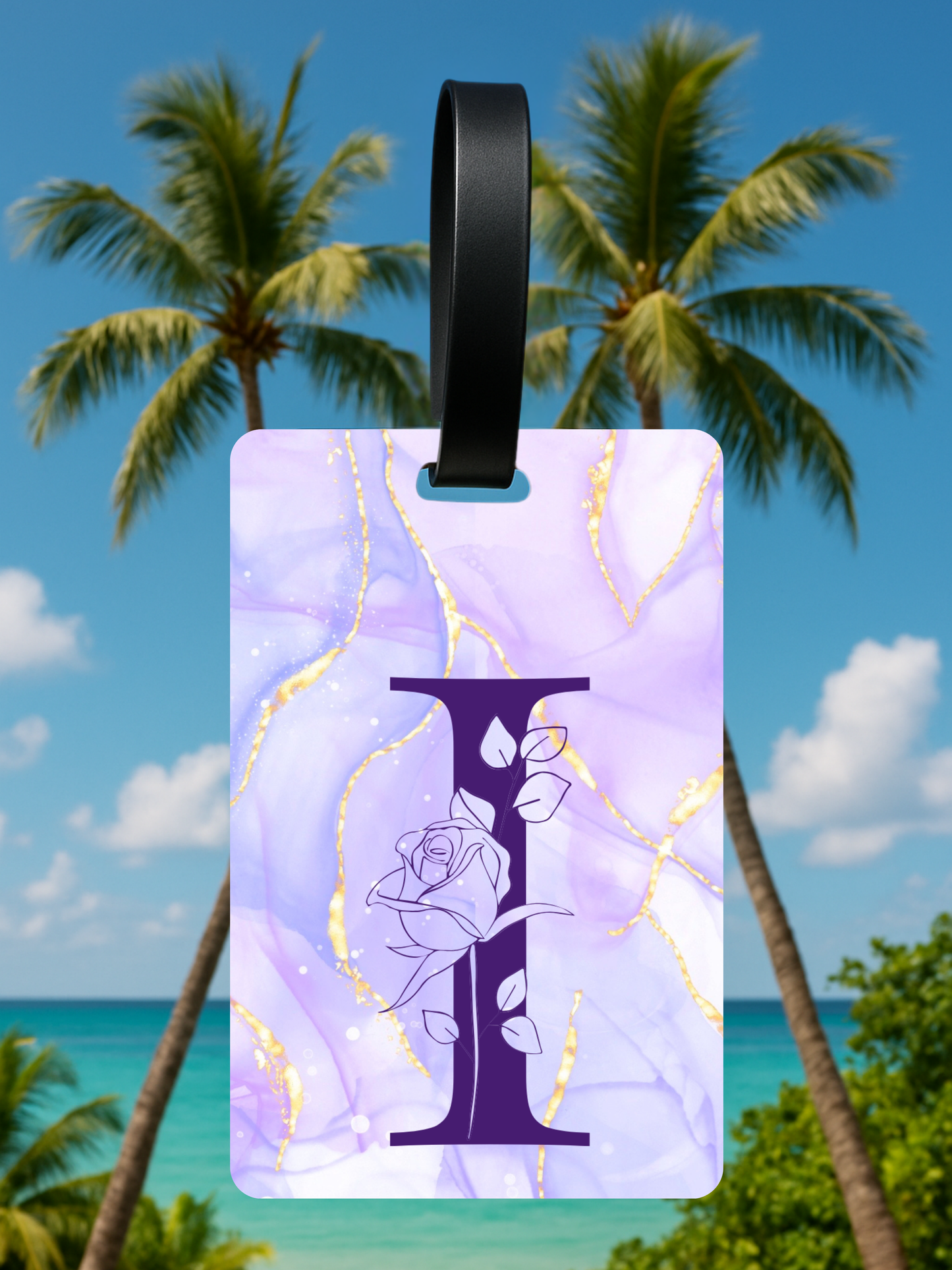 Purple Marble Monogram Luggage Tag – Custom Floral Initial Travel Tag