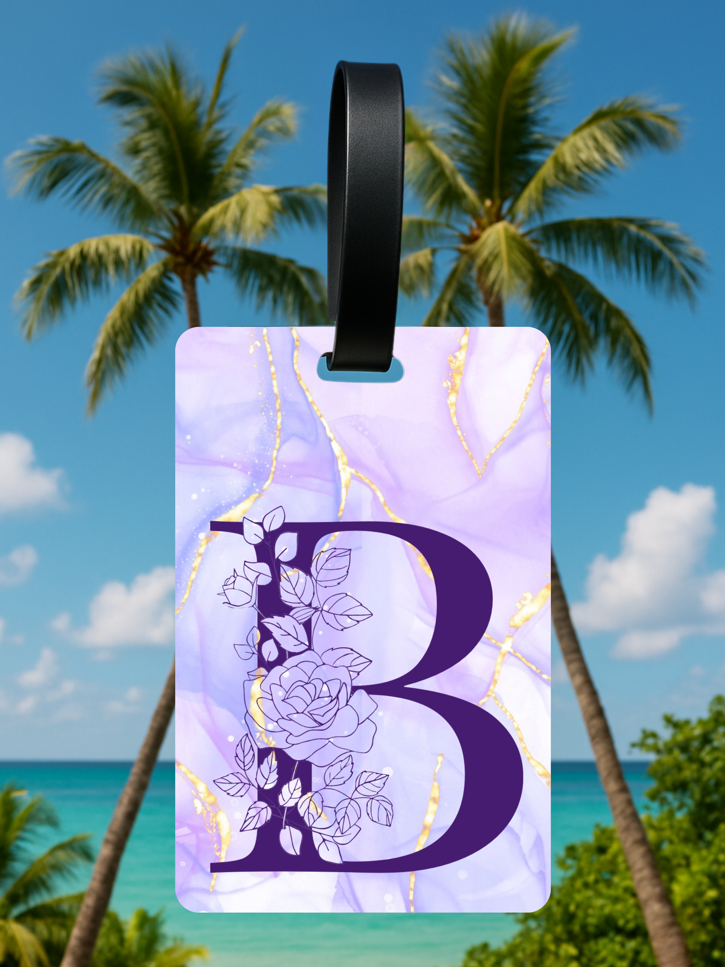 Purple Marble Monogram Luggage Tag – Custom Floral Initial Travel Tag