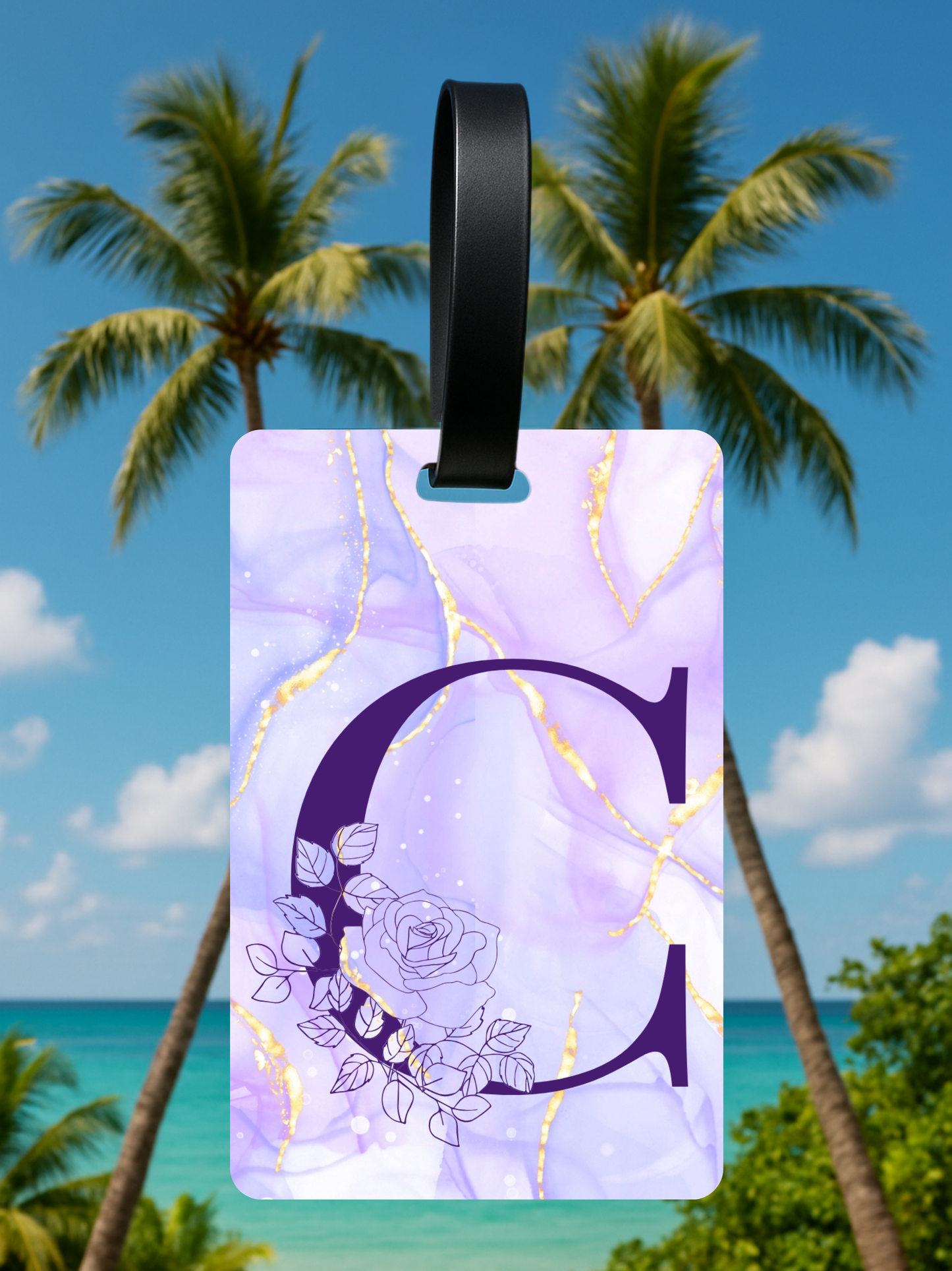 Purple Marble Monogram Luggage Tag – Custom Floral Initial Travel Tag