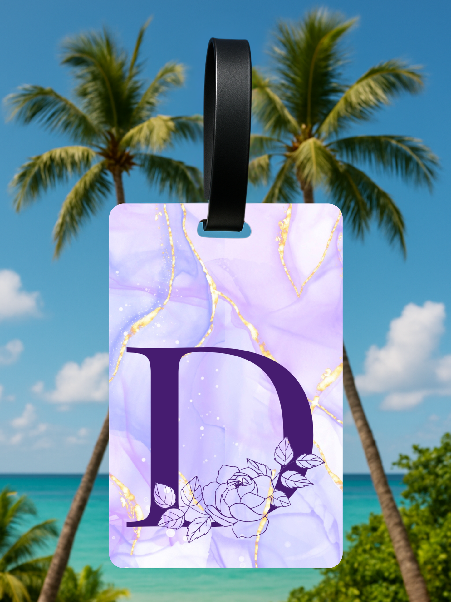 Purple Marble Monogram Luggage Tag – Custom Floral Initial Travel Tag