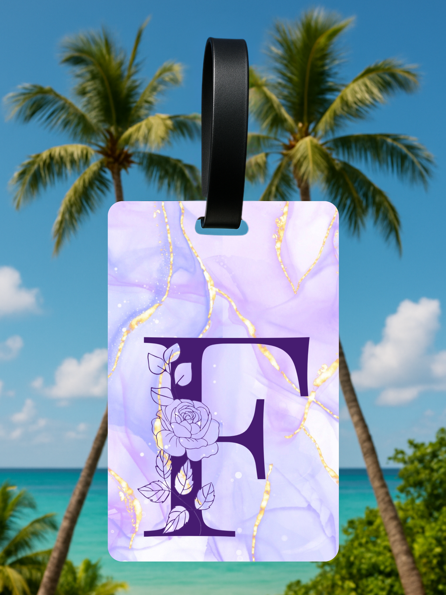Purple Marble Monogram Luggage Tag – Custom Floral Initial Travel Tag