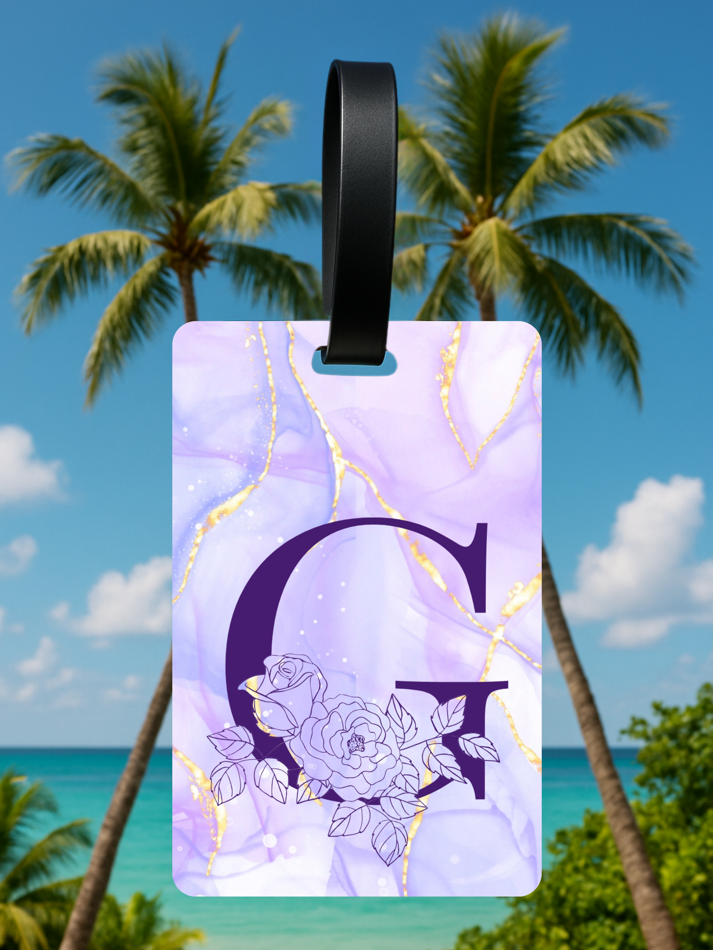 Purple Marble Monogram Luggage Tag – Custom Floral Initial Travel Tag