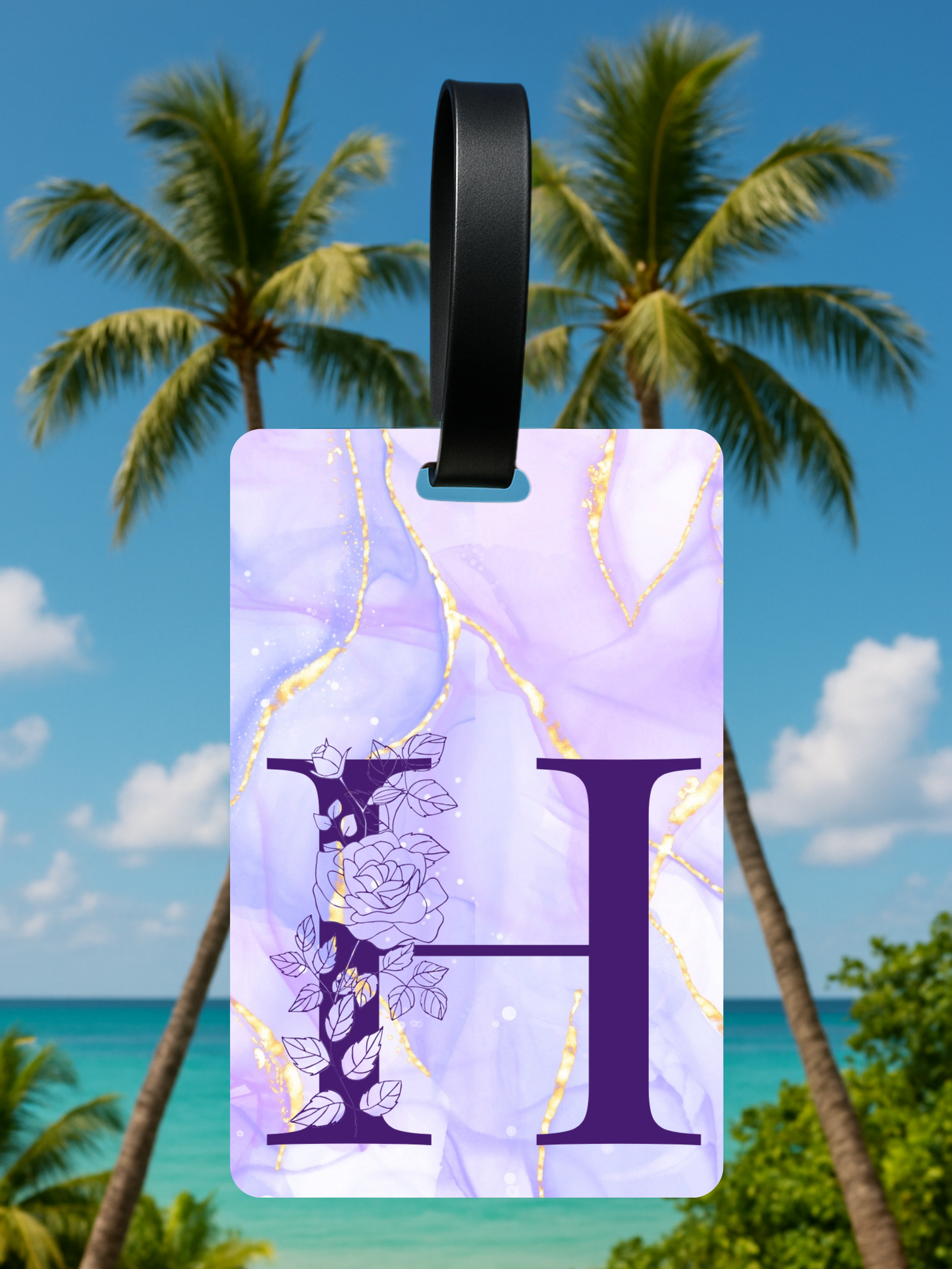 Purple Marble Monogram Luggage Tag – Custom Floral Initial Travel Tag