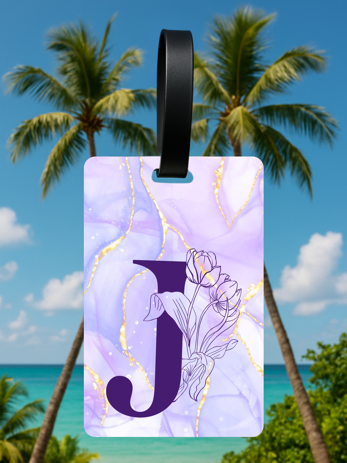 Purple Marble Monogram Luggage Tag – Custom Floral Initial Travel Tag