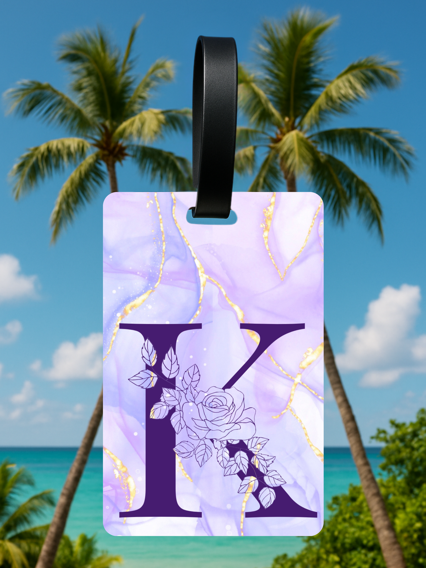 Purple Marble Monogram Luggage Tag – Custom Floral Initial Travel Tag