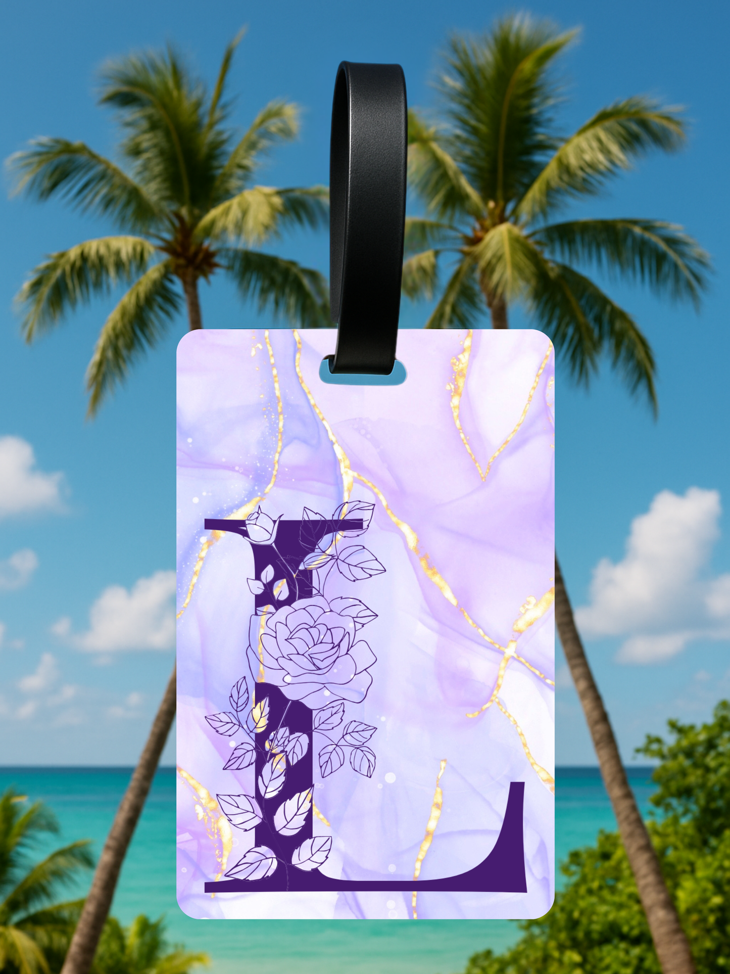 Purple Marble Monogram Luggage Tag – Custom Floral Initial Travel Tag