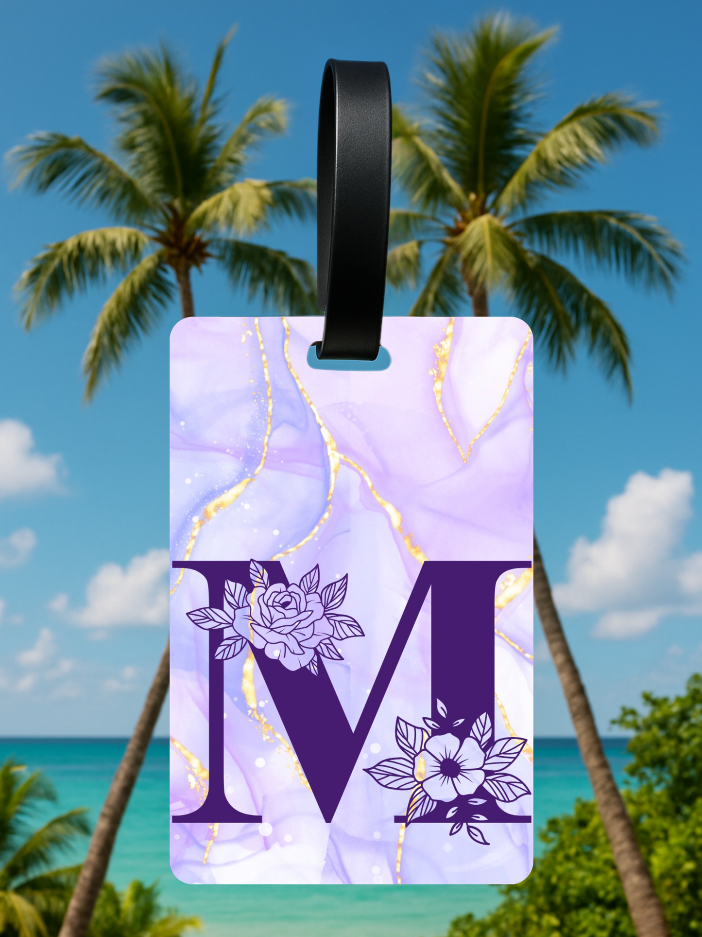 Purple Marble Monogram Luggage Tag – Custom Floral Initial Travel Tag
