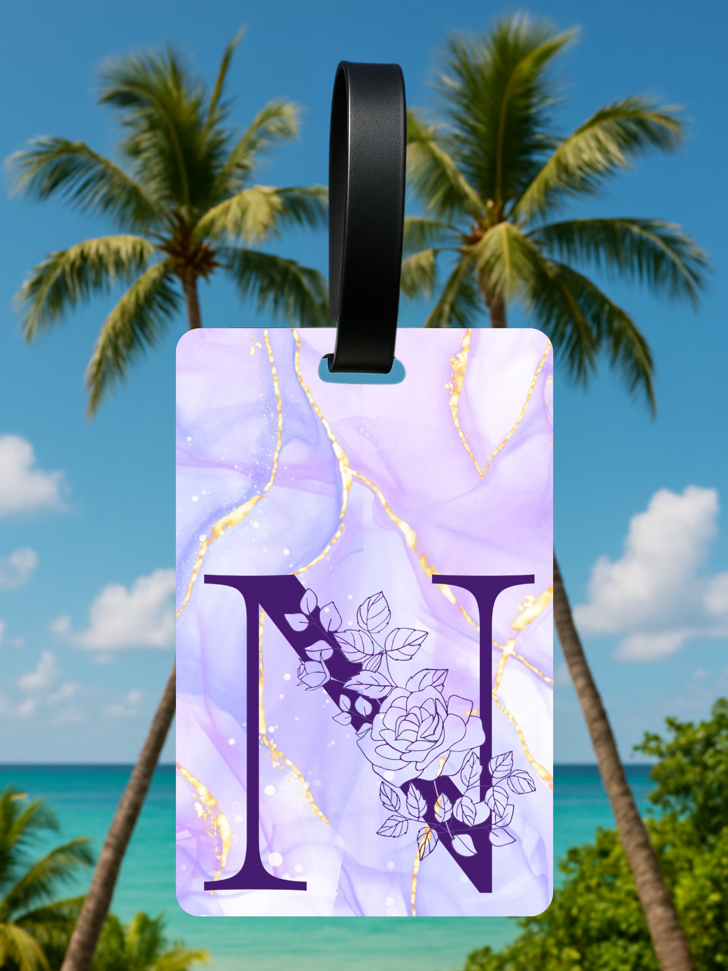 Purple Marble Monogram Luggage Tag – Custom Floral Initial Travel Tag
