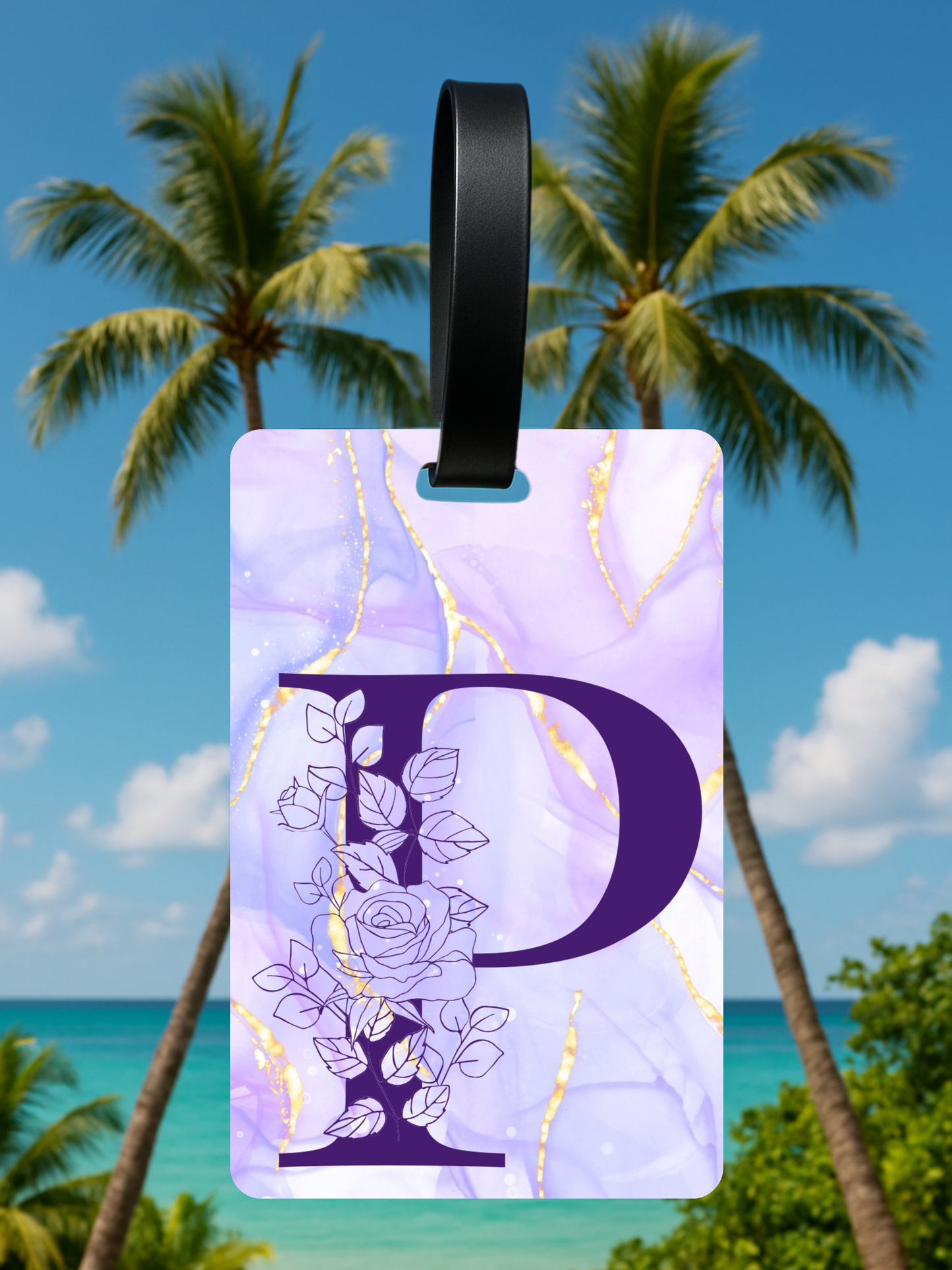 Purple Marble Monogram Luggage Tag – Custom Floral Initial Travel Tag