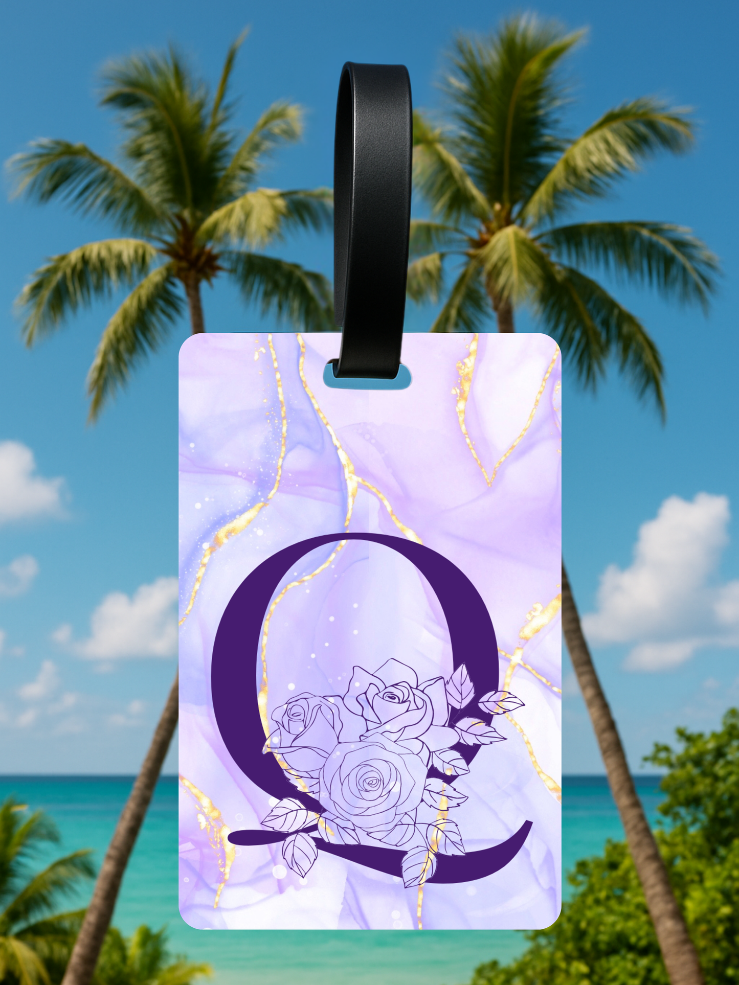 Purple Marble Monogram Luggage Tag – Custom Floral Initial Travel Tag