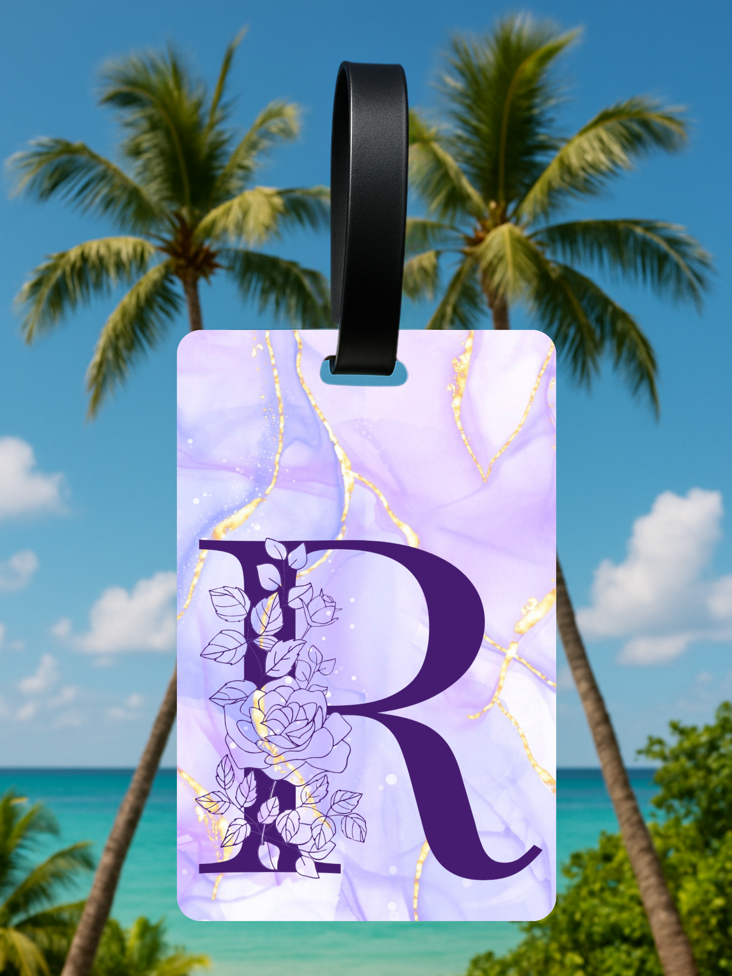Purple Marble Monogram Luggage Tag – Custom Floral Initial Travel Tag