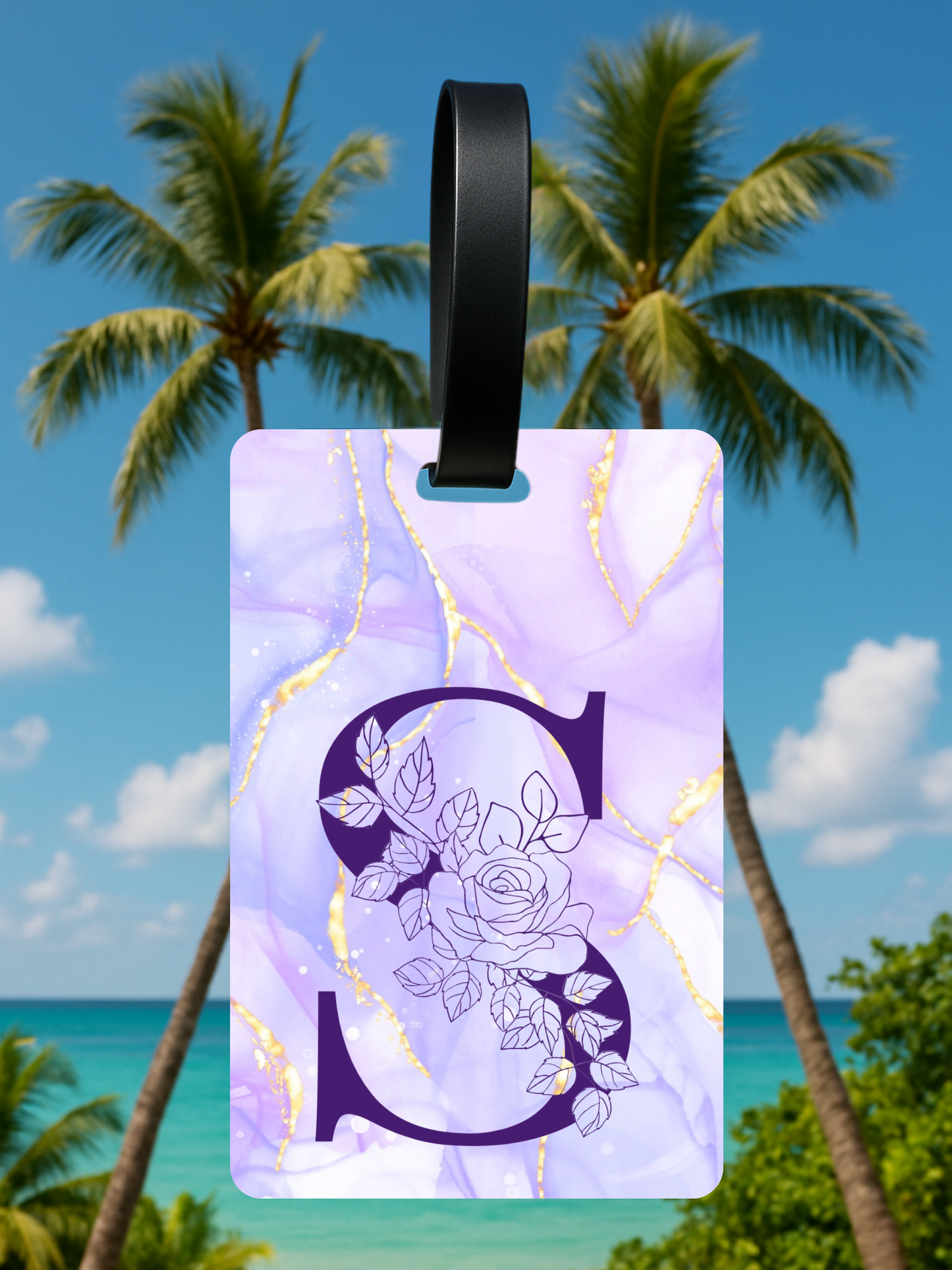 Purple Marble Monogram Luggage Tag – Custom Floral Initial Travel Tag