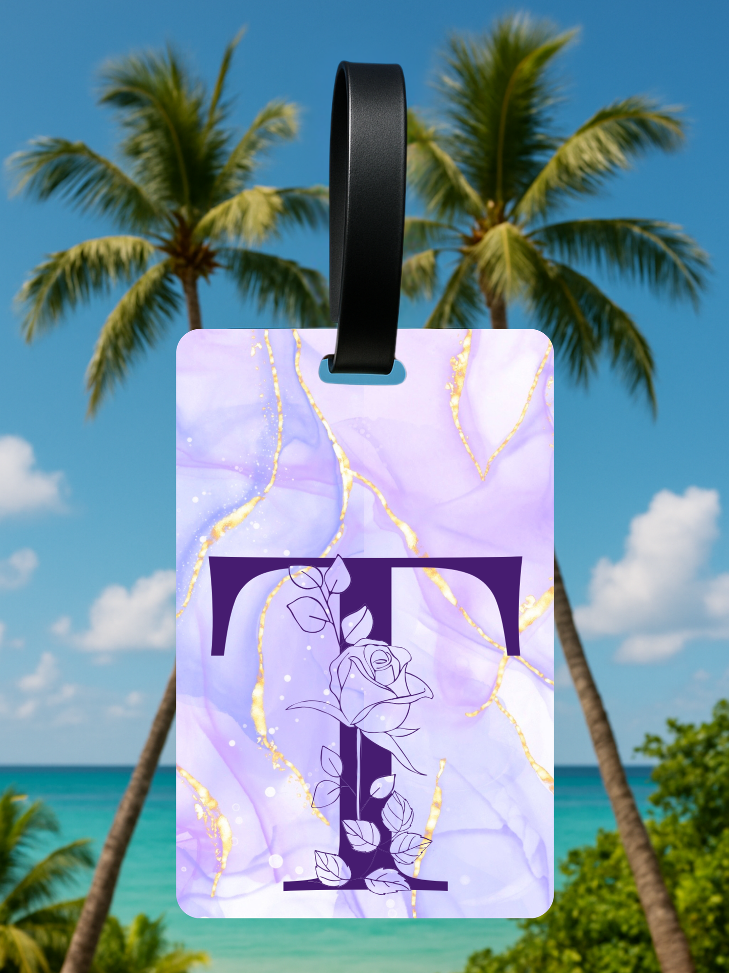 Purple Marble Monogram Luggage Tag – Custom Floral Initial Travel Tag