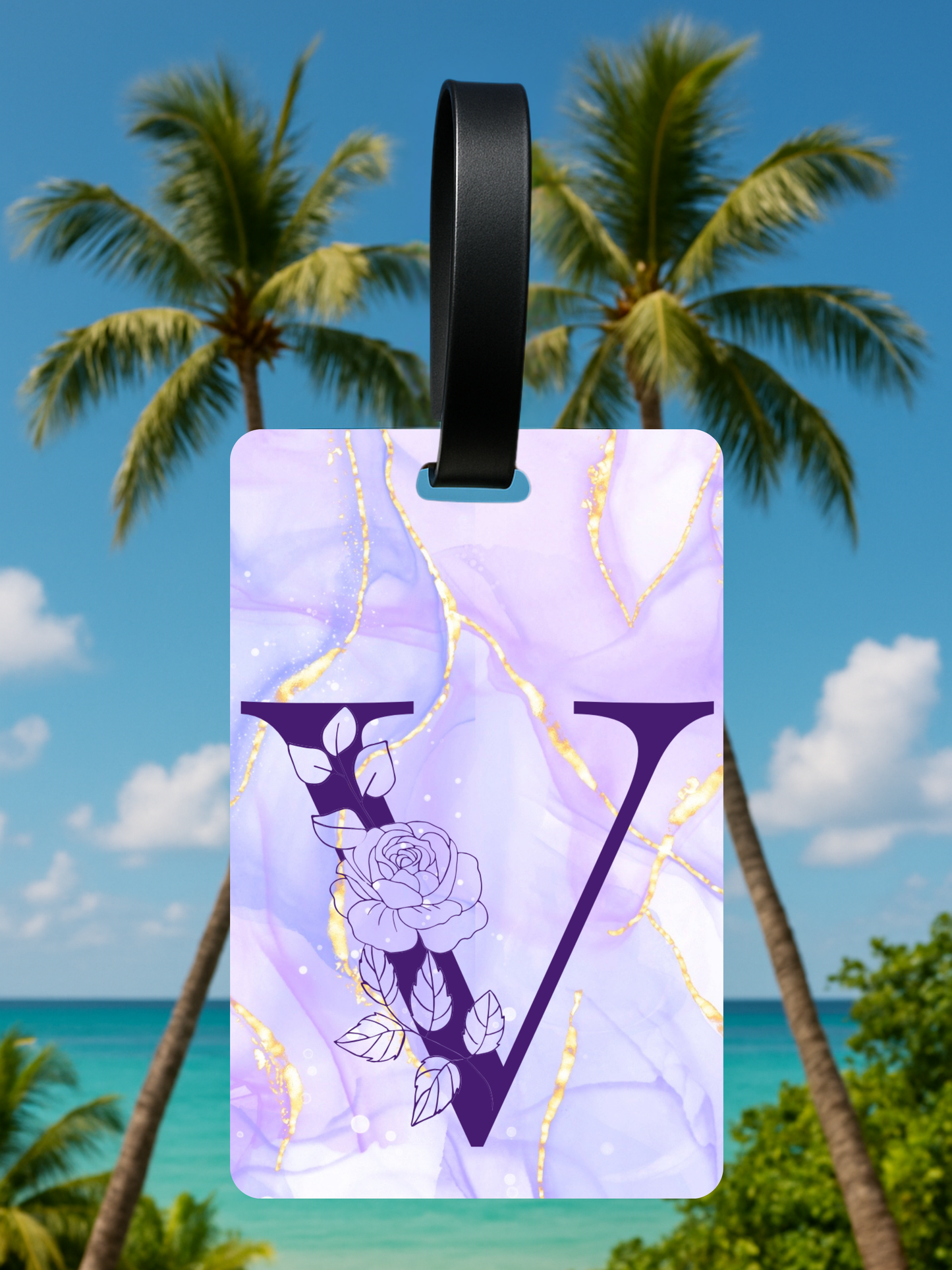 Purple Marble Monogram Luggage Tag – Custom Floral Initial Travel Tag