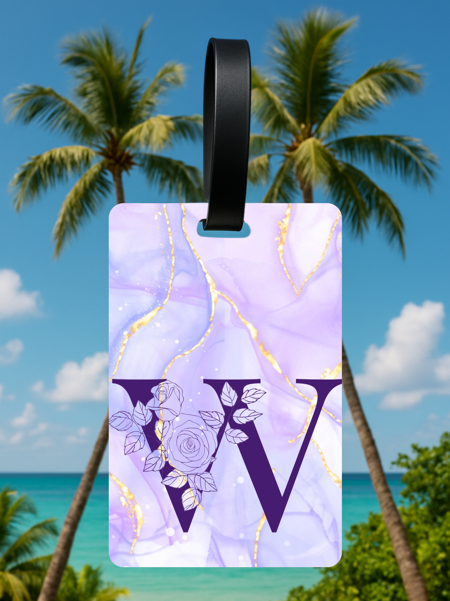 Purple Marble Monogram Luggage Tag – Custom Floral Initial Travel Tag