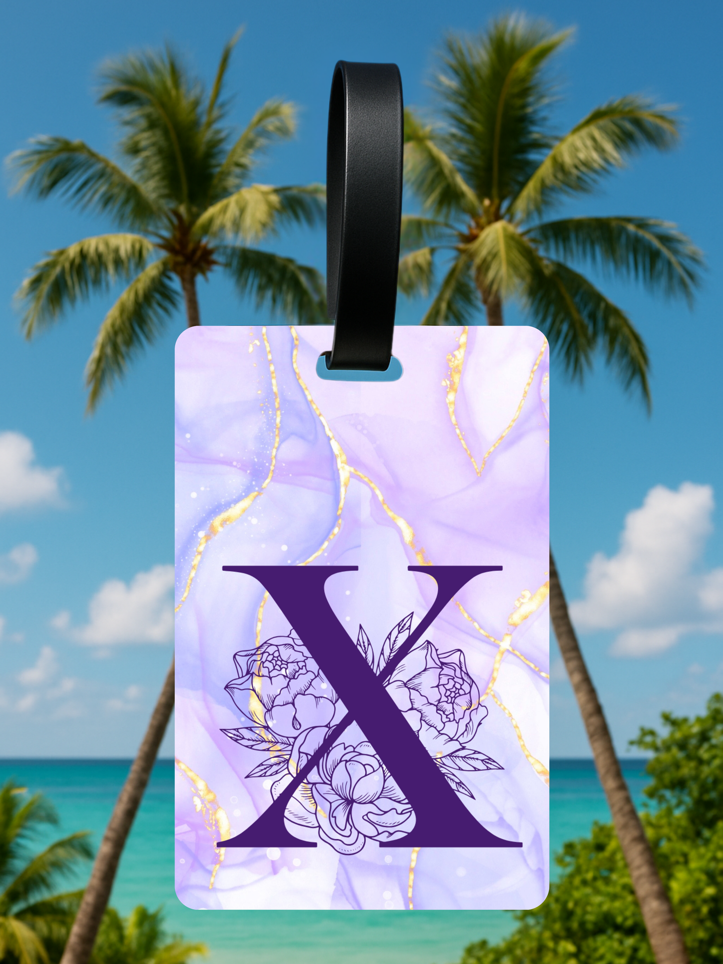 Purple Marble Monogram Luggage Tag – Custom Floral Initial Travel Tag