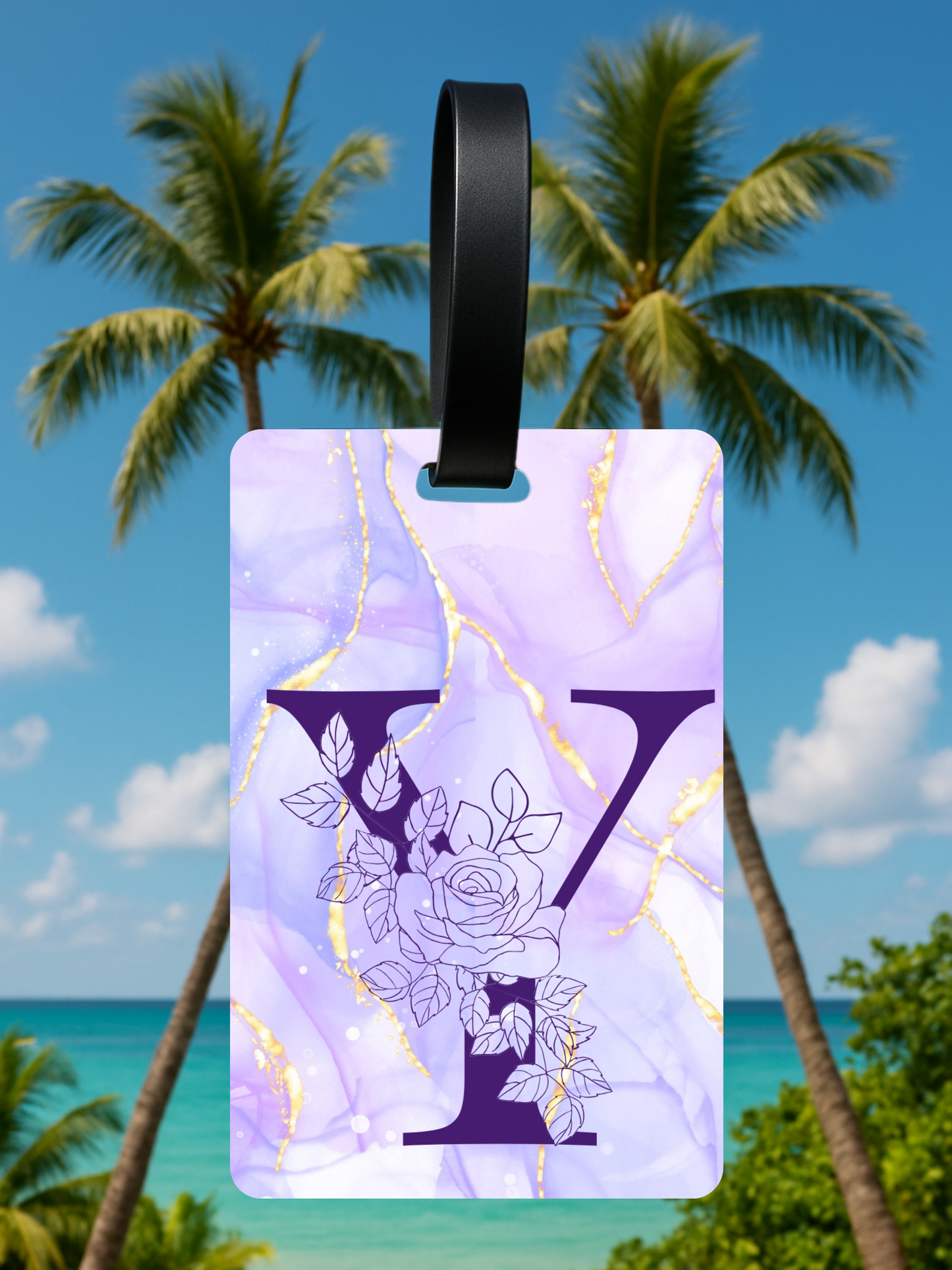 Purple Marble Monogram Luggage Tag – Custom Floral Initial Travel Tag