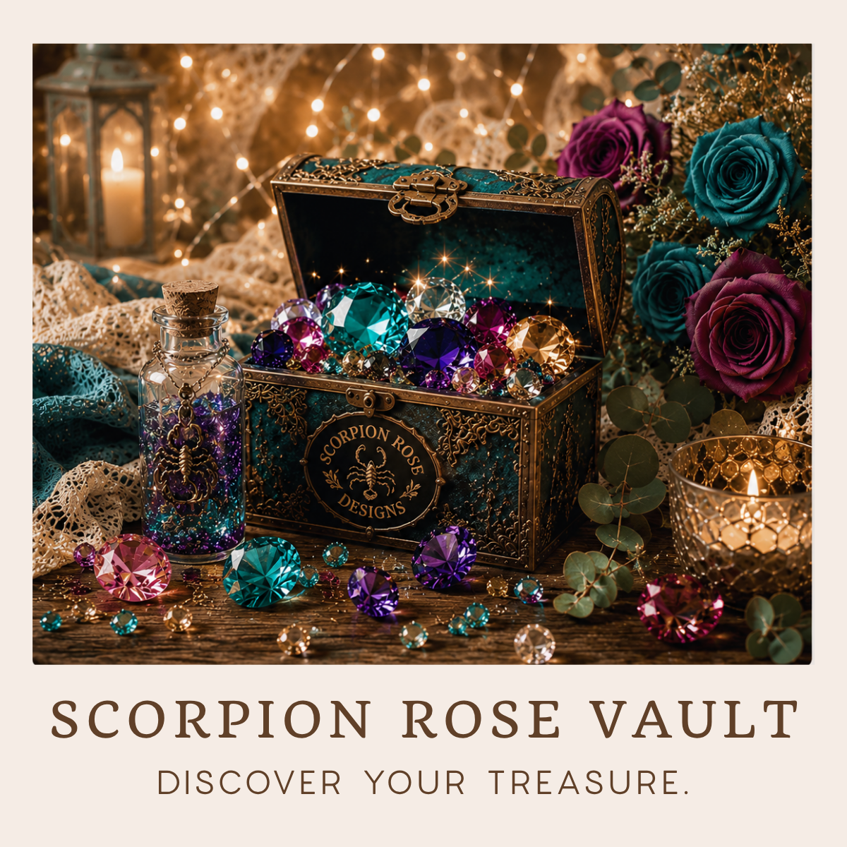 Treasure Vault mystery gift boxes featuring handmade gifts and personalized surprises from Scorpion Rose.