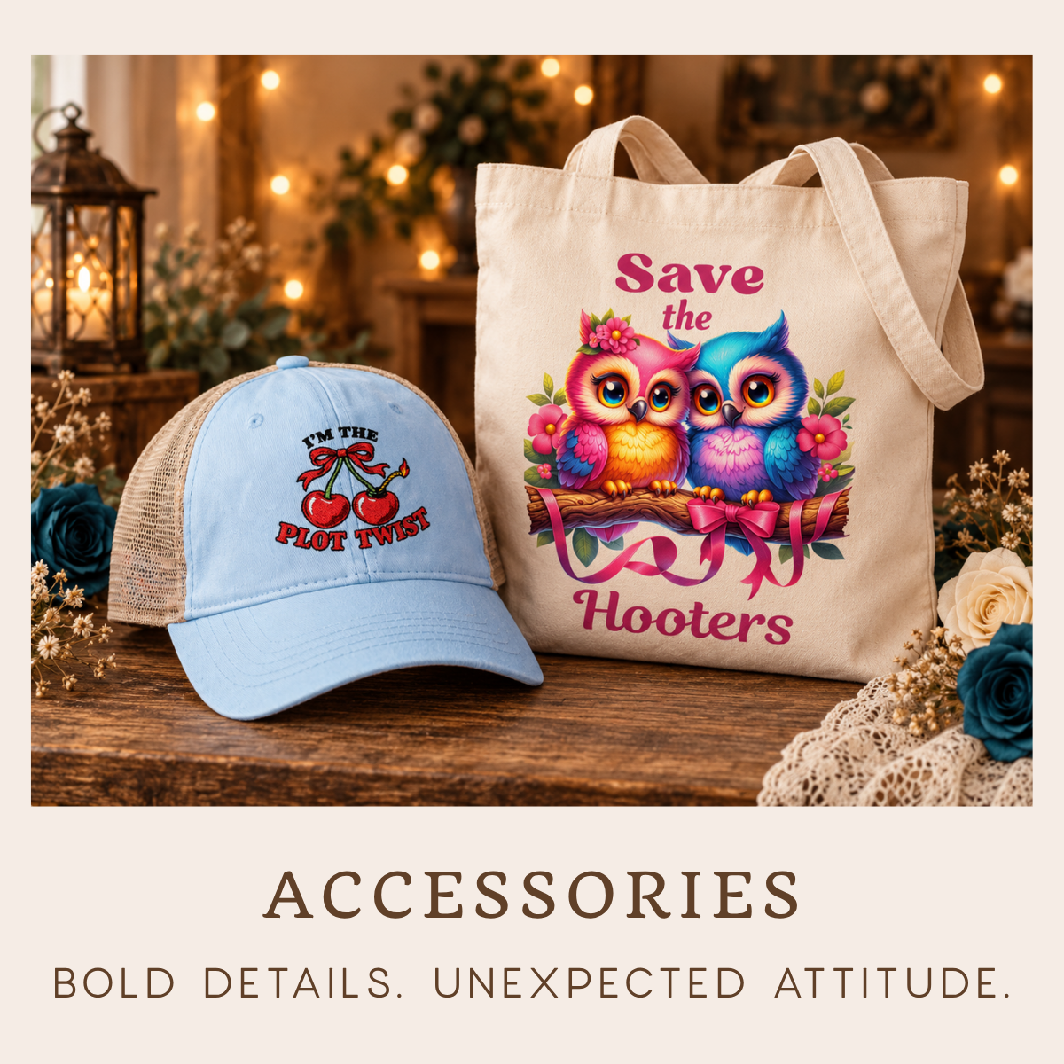 Light blue embroidered “I’m the Plot Twist” cherry hat beside a colorful “Save the Hooters” owl tote bag in the Scorpion Rose Designs Accessories collection.